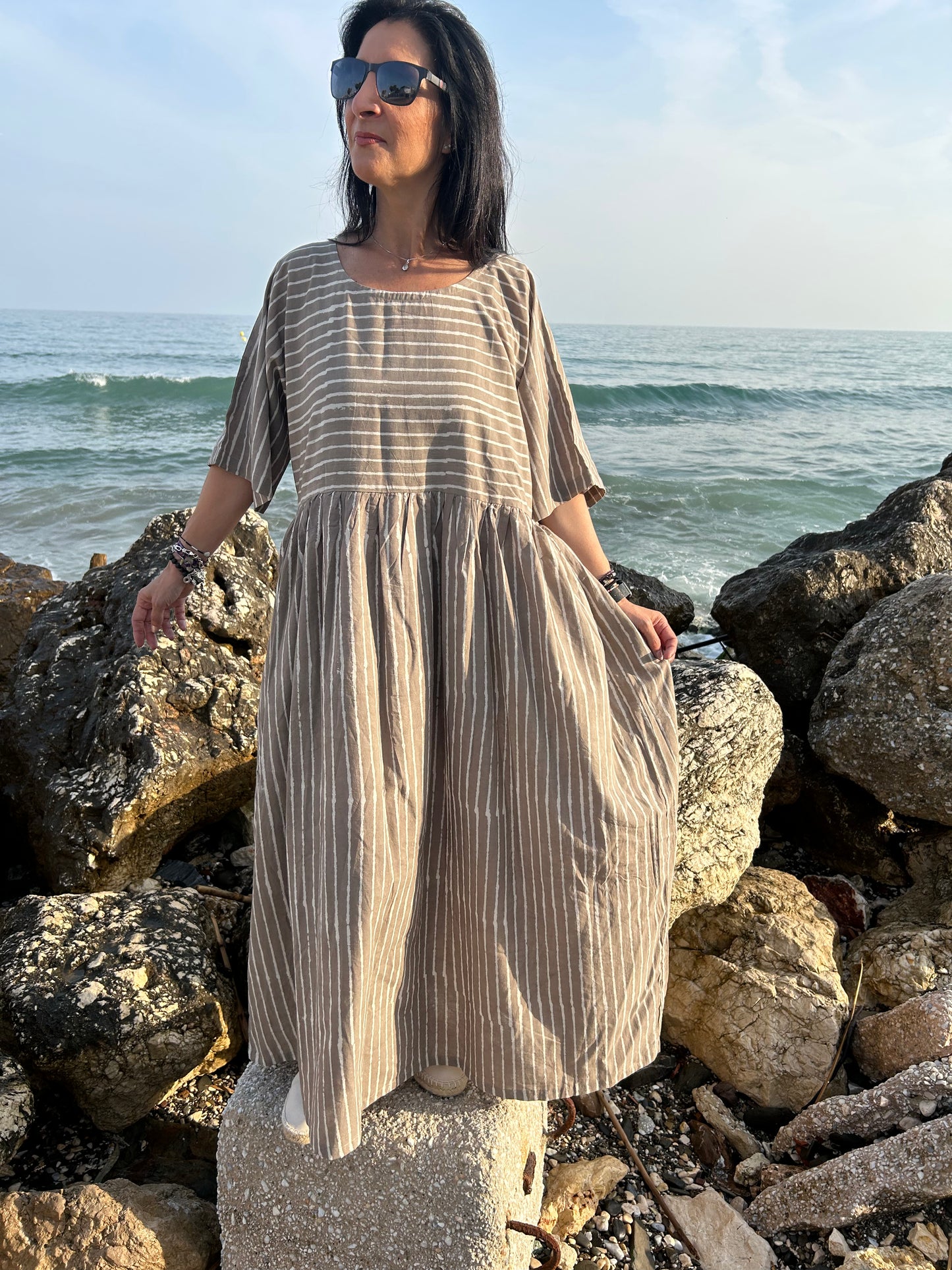 handmade striped beige cotton dress