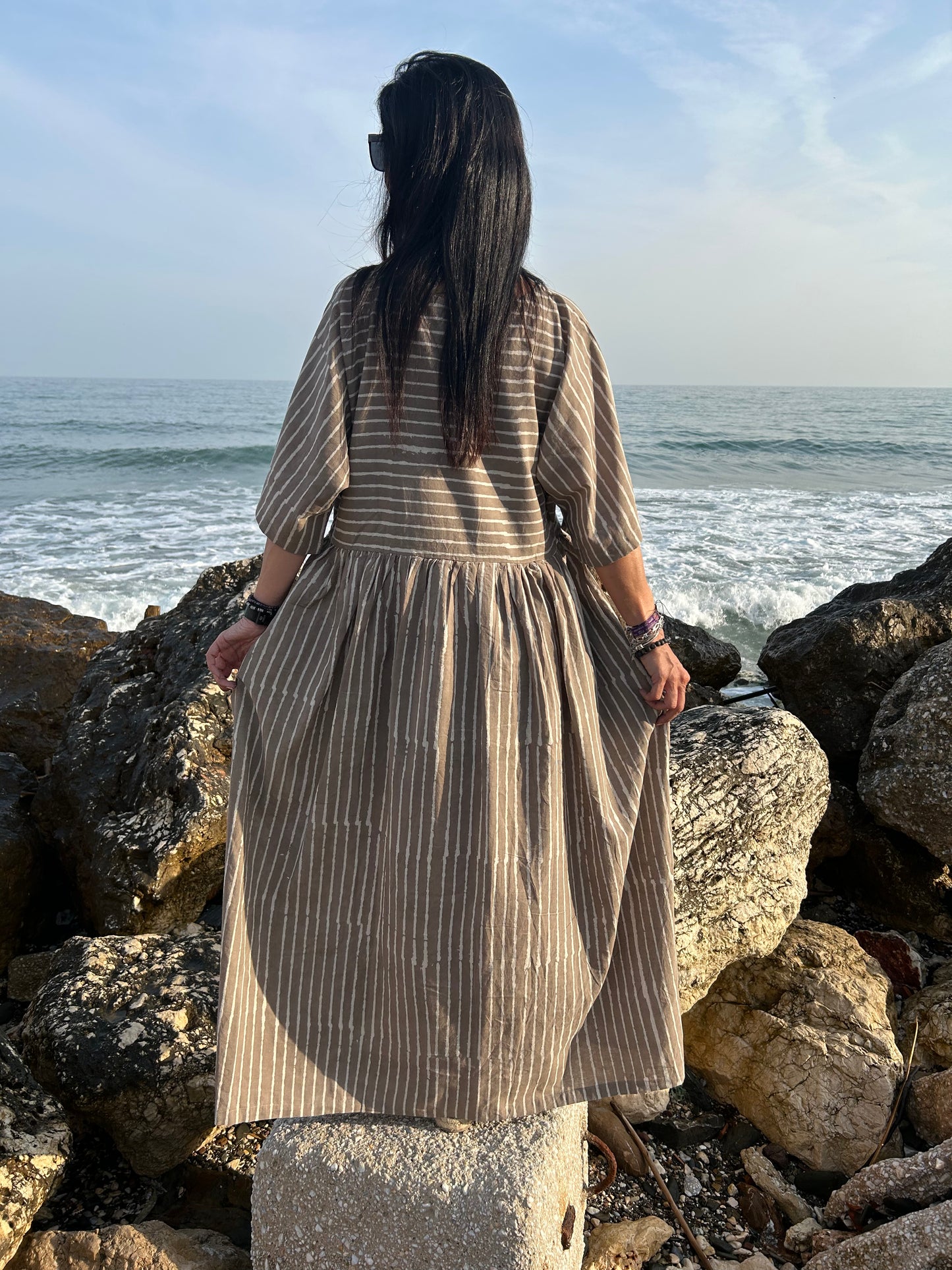 handmade striped beige cotton dress