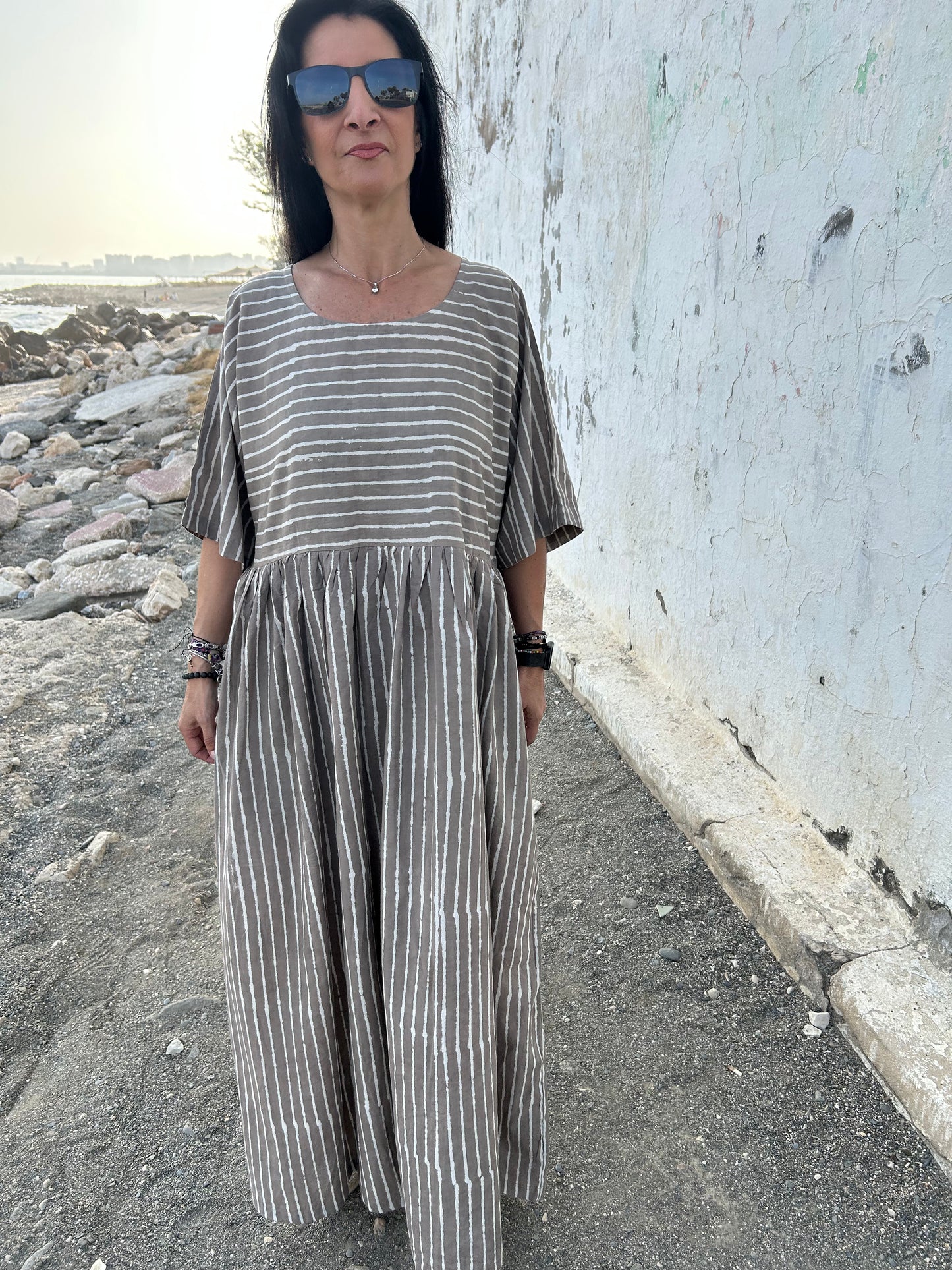 handmade striped beige cotton dress