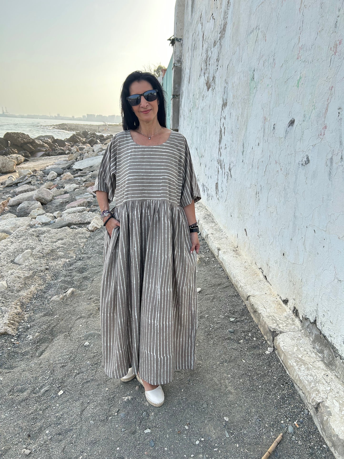 handmade striped beige cotton dress