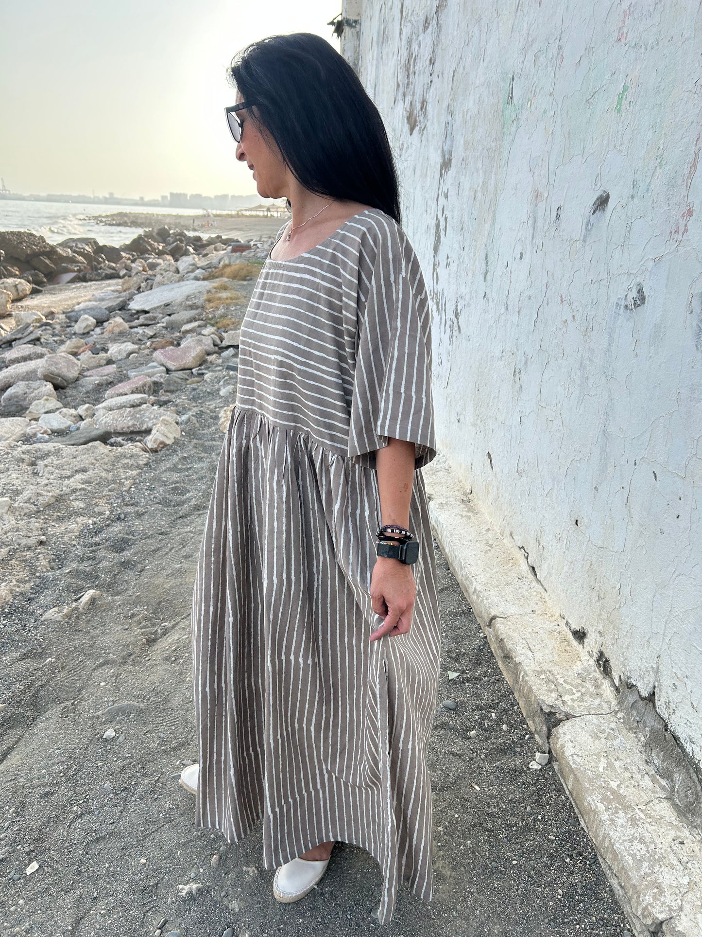 handmade striped beige cotton dress