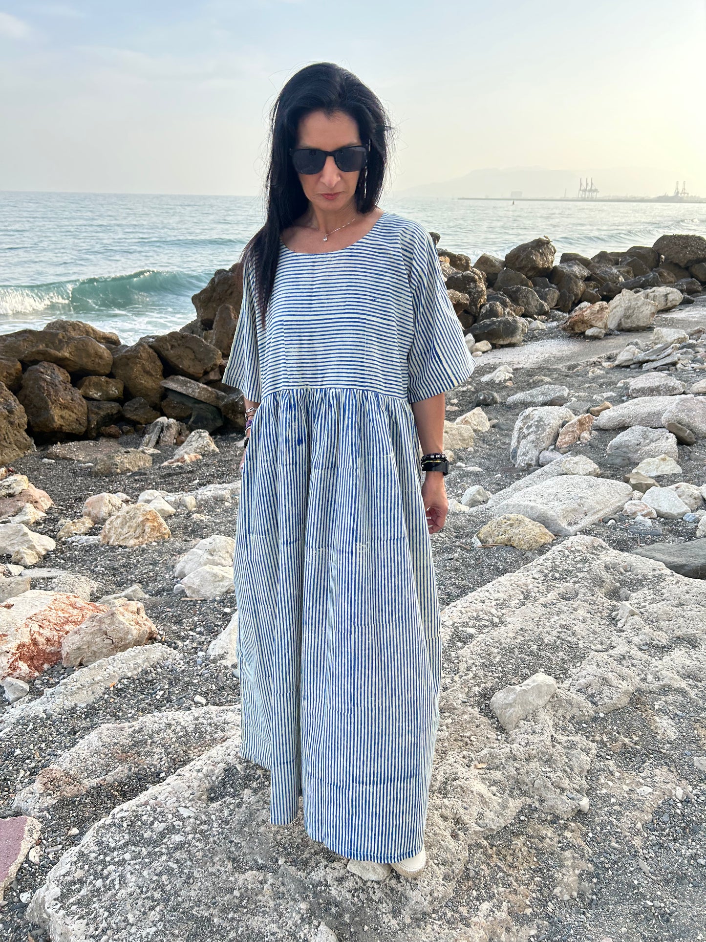 handmade striped beige cotton dress