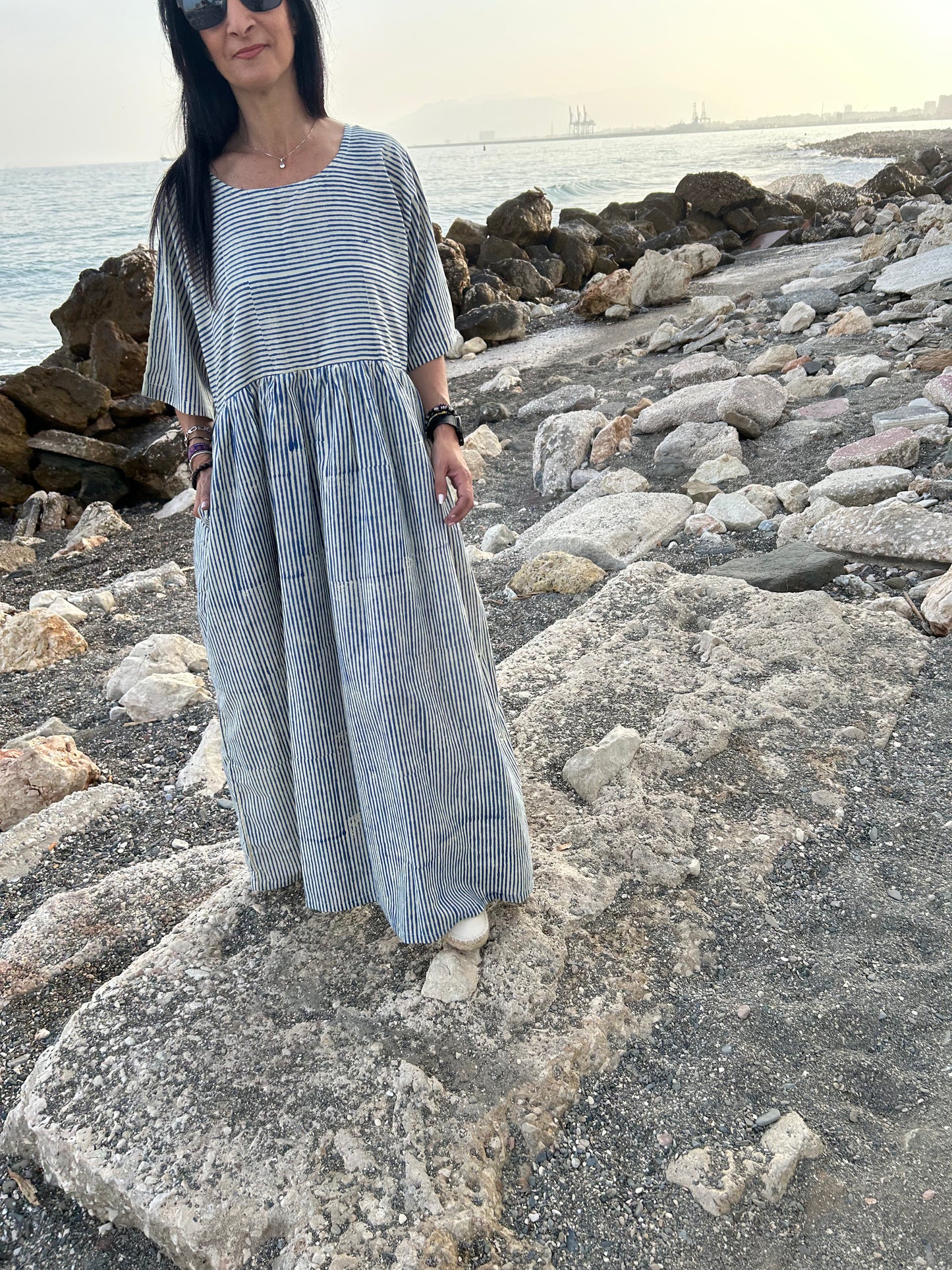 handmade striped beige cotton dress