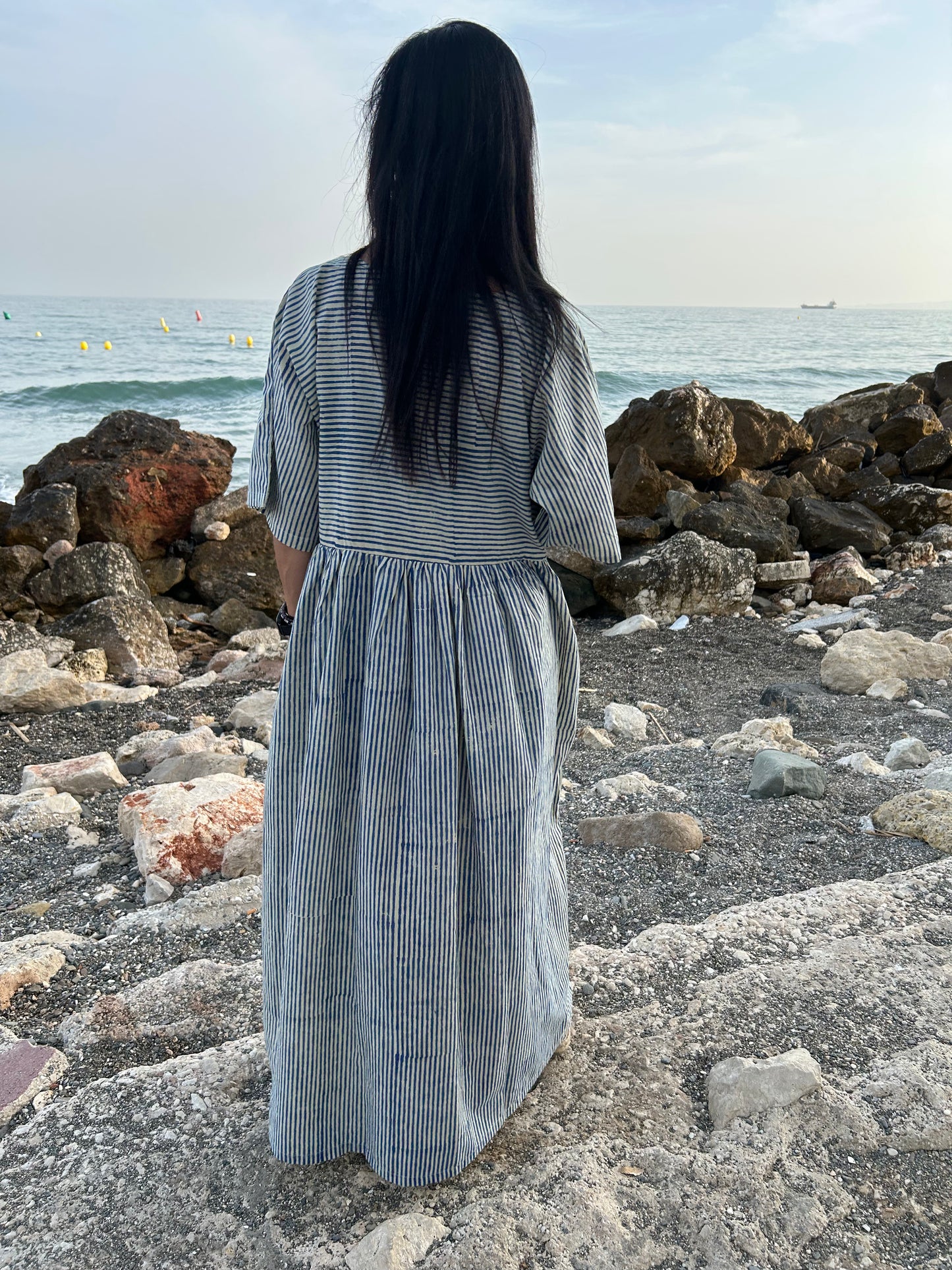 handmade striped beige cotton dress