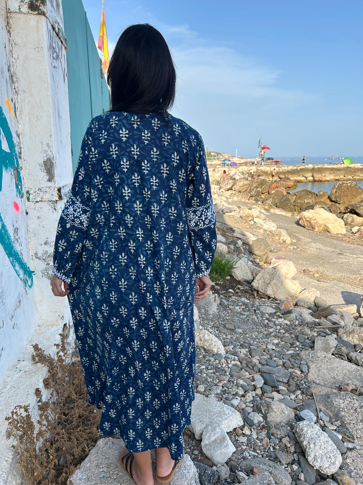 Indigo organic Embroidered cotton kaftan,caftan, resort wear,loungewear,gifts for her,boho dress,a line dress,block print dress,Resort wear