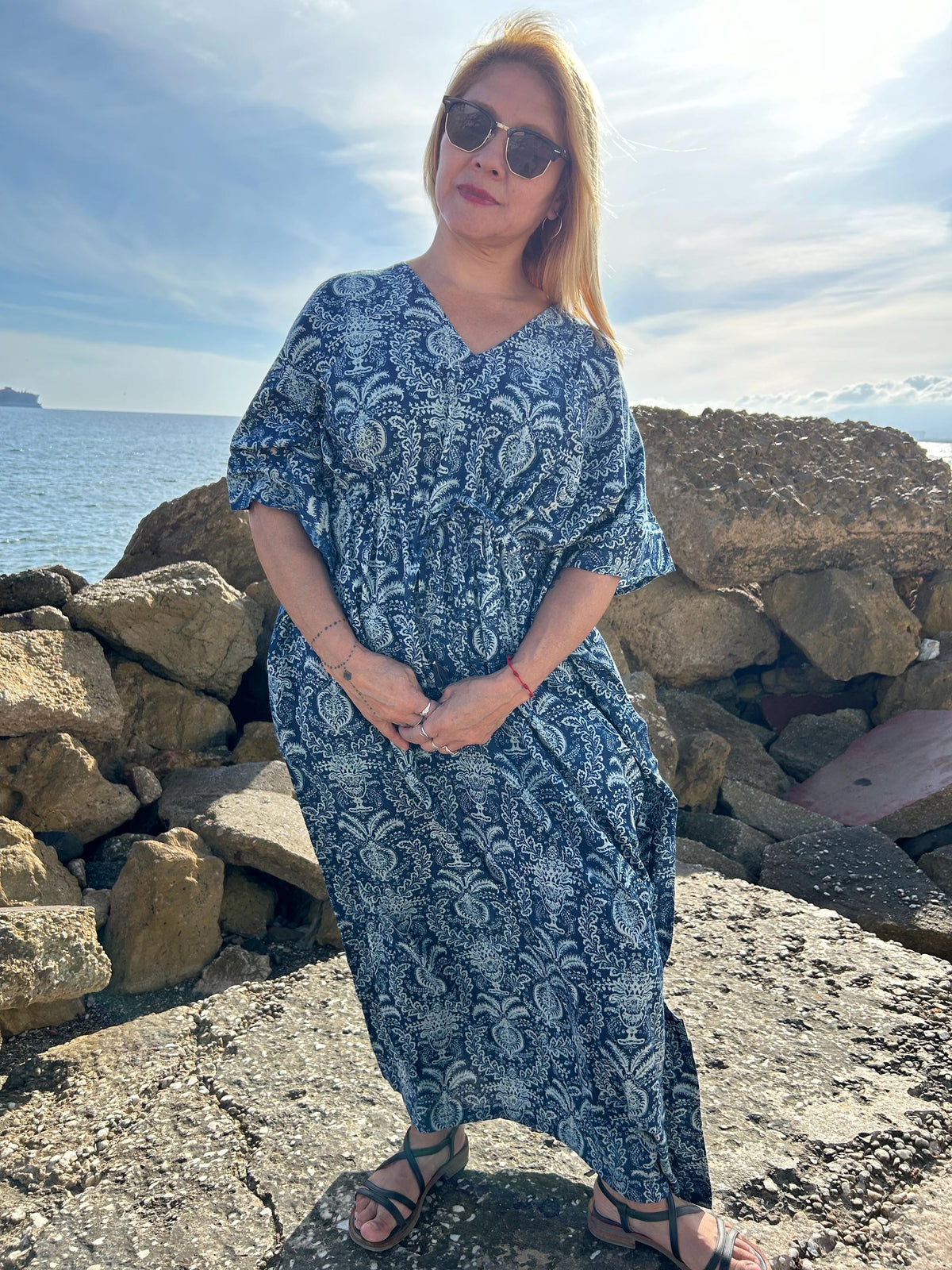 Indigo kaftan with pockets,organic kaftan,gifts for her,resort wear,loungewear,boho dress,plus size dress,gifts for her,Christmas gift