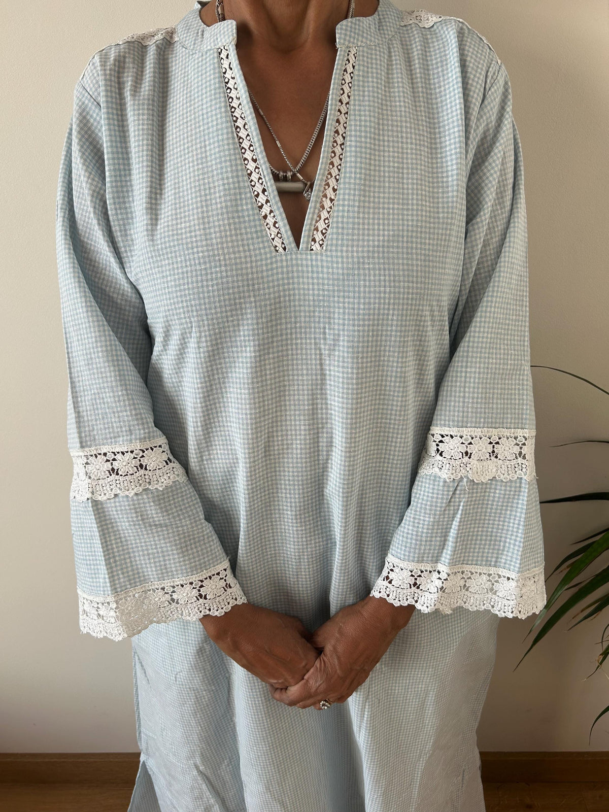 Blue checks  Chinese collar cotton kaftan,caftan, resort wear,loungewear,gifts for her,boho dress,a line dress,block print dress
