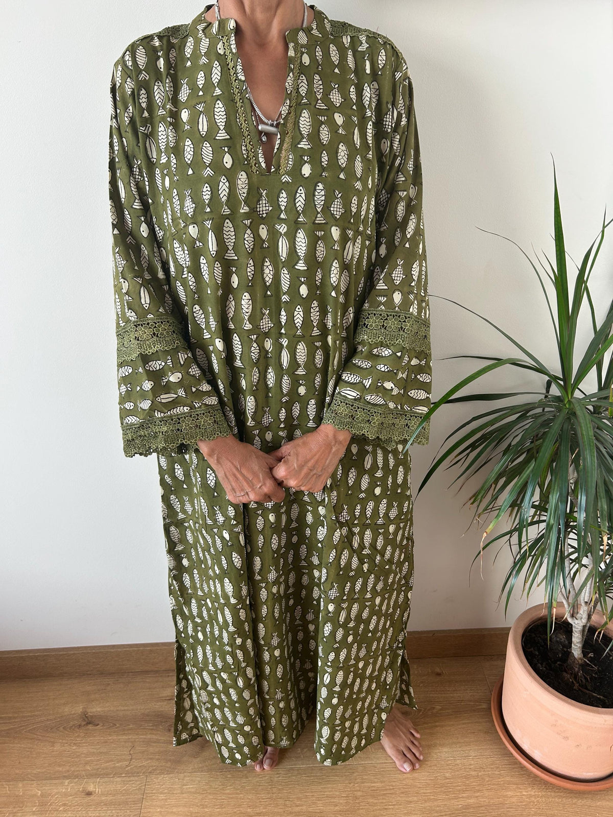 Green fish Chinese collar cotton kaftan,caftan, resort wear,loungewear,gifts for her,boho dress,a line dress,block print dress