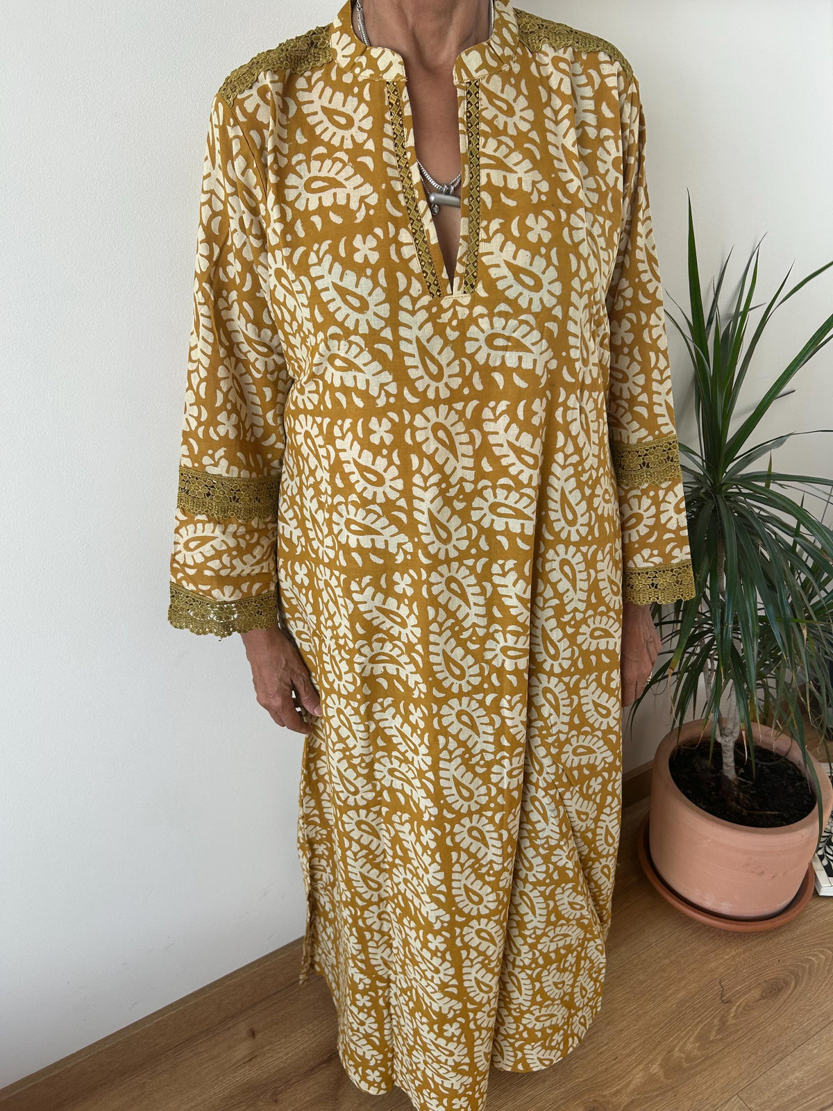 Mustard beige Chinese collar cotton kaftan,caftan, resort wear,loungewear,gifts for her,boho dress,a line dress,block print dress