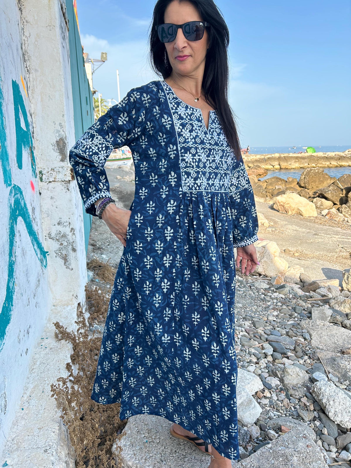 Indigo organic Embroidered cotton kaftan,caftan, resort wear,loungewear,gifts for her,boho dress,a line dress,block print dress,Resort wear