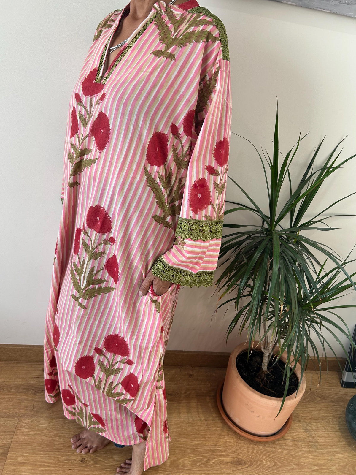 Pink floral striped Chinese collar cotton kaftan,caftan, resort wear,loungewear,gifts for her,boho dress,a line dress,block print dress