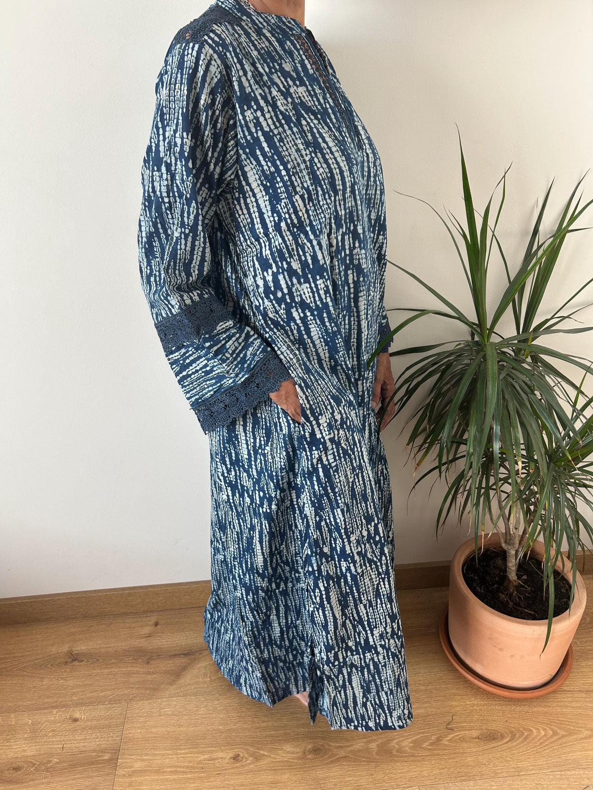 Indigo organic Chinese collar cotton kaftan,caftan, resort wear,loungewear,gifts for her,boho dress,a line dress,block print dress