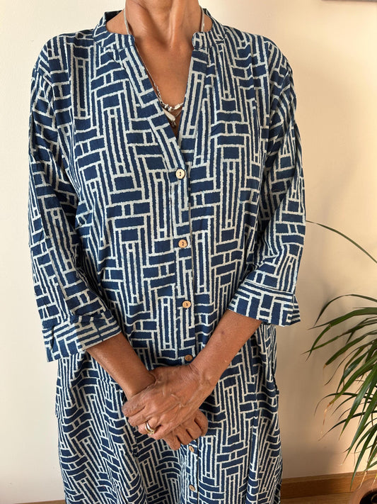 Indigo collar fish cotton kaftan,caftan, resort wear,loungewear,gifts for her,boho dress,a line dress,block print dress