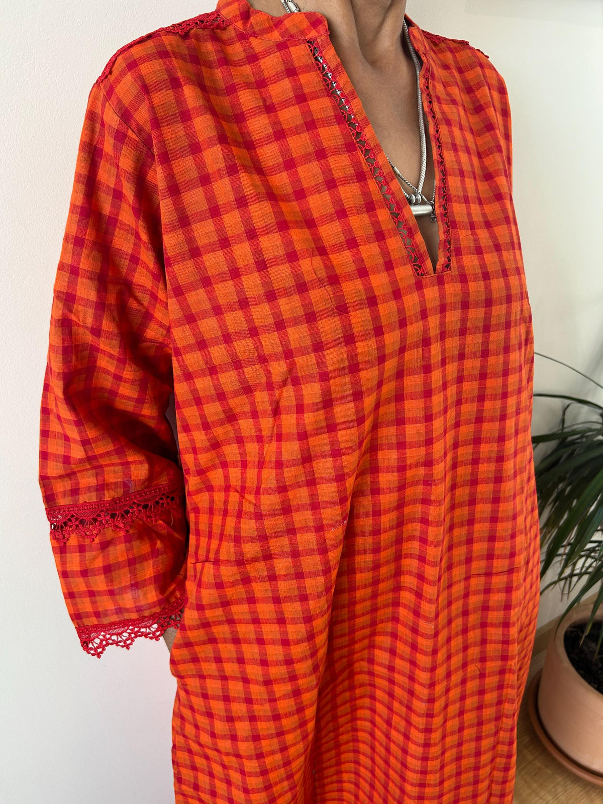 Handwoven checks  Chinese collar cotton kaftan,caftan, resort wear,loungewear,gifts for her,boho dress,a line dress,block print dress