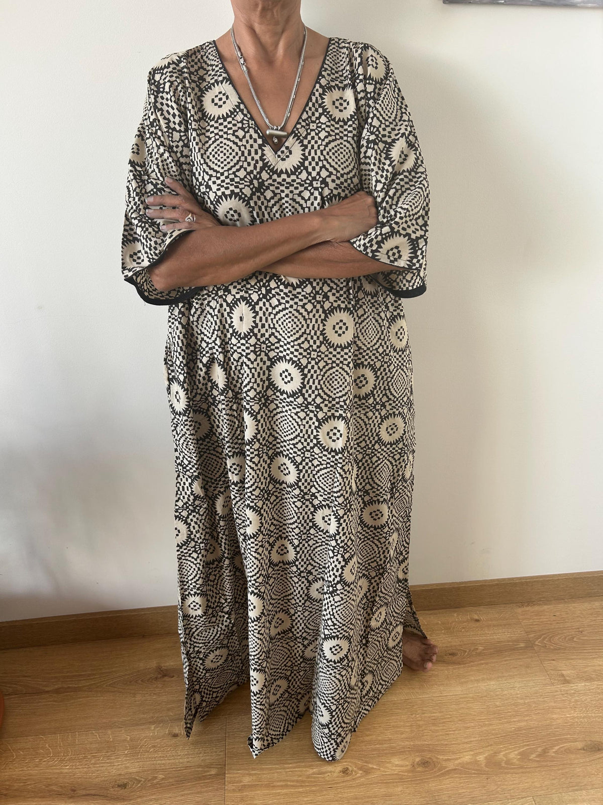 Black beige geometric cotton kaftan,caftan, resort wear,loungewear,gifts for her,boho dress,a line dress,block print dress