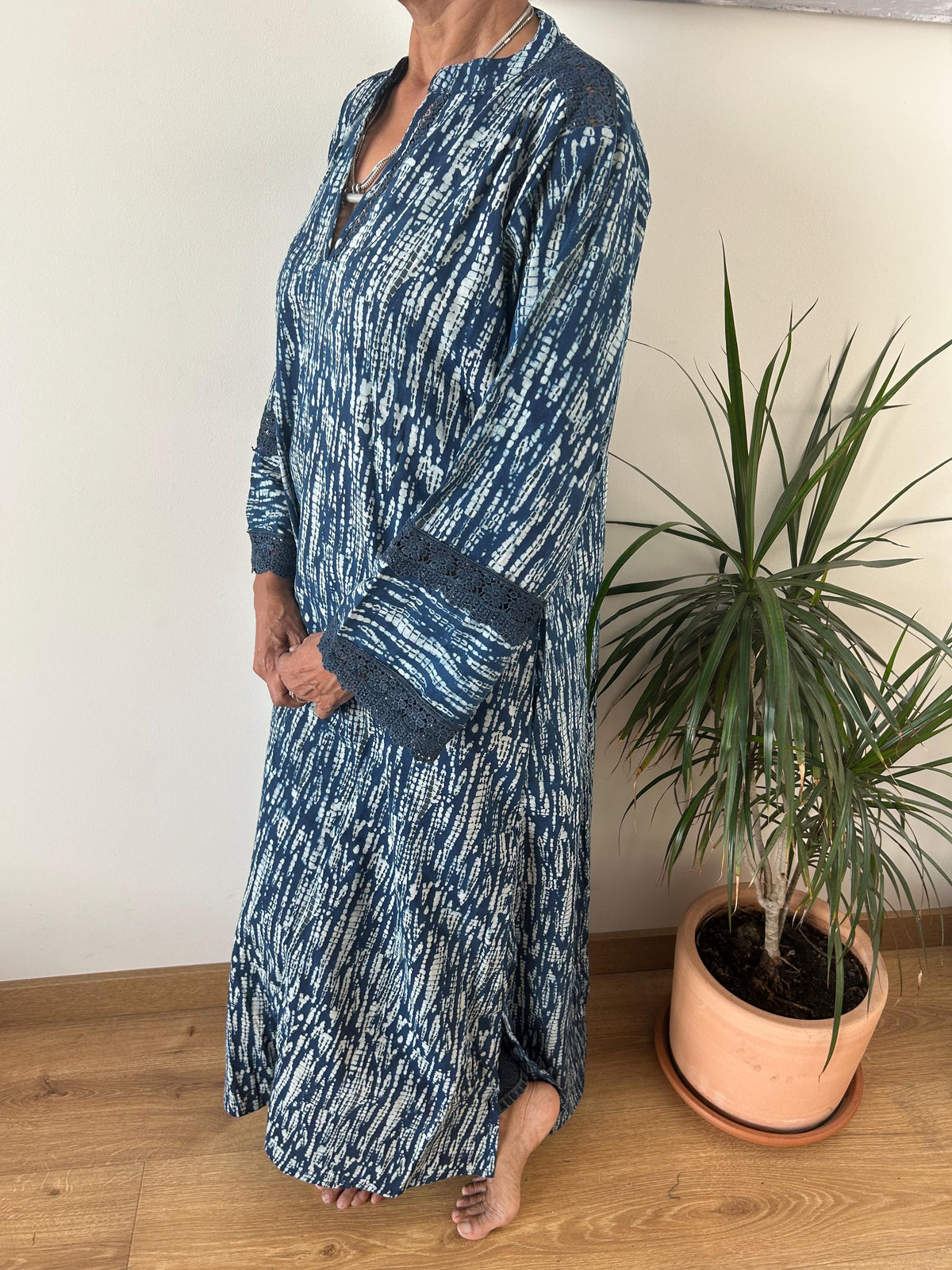 Indigo organic Chinese collar cotton kaftan,caftan, resort wear,loungewear,gifts for her,boho dress,a line dress,block print dress