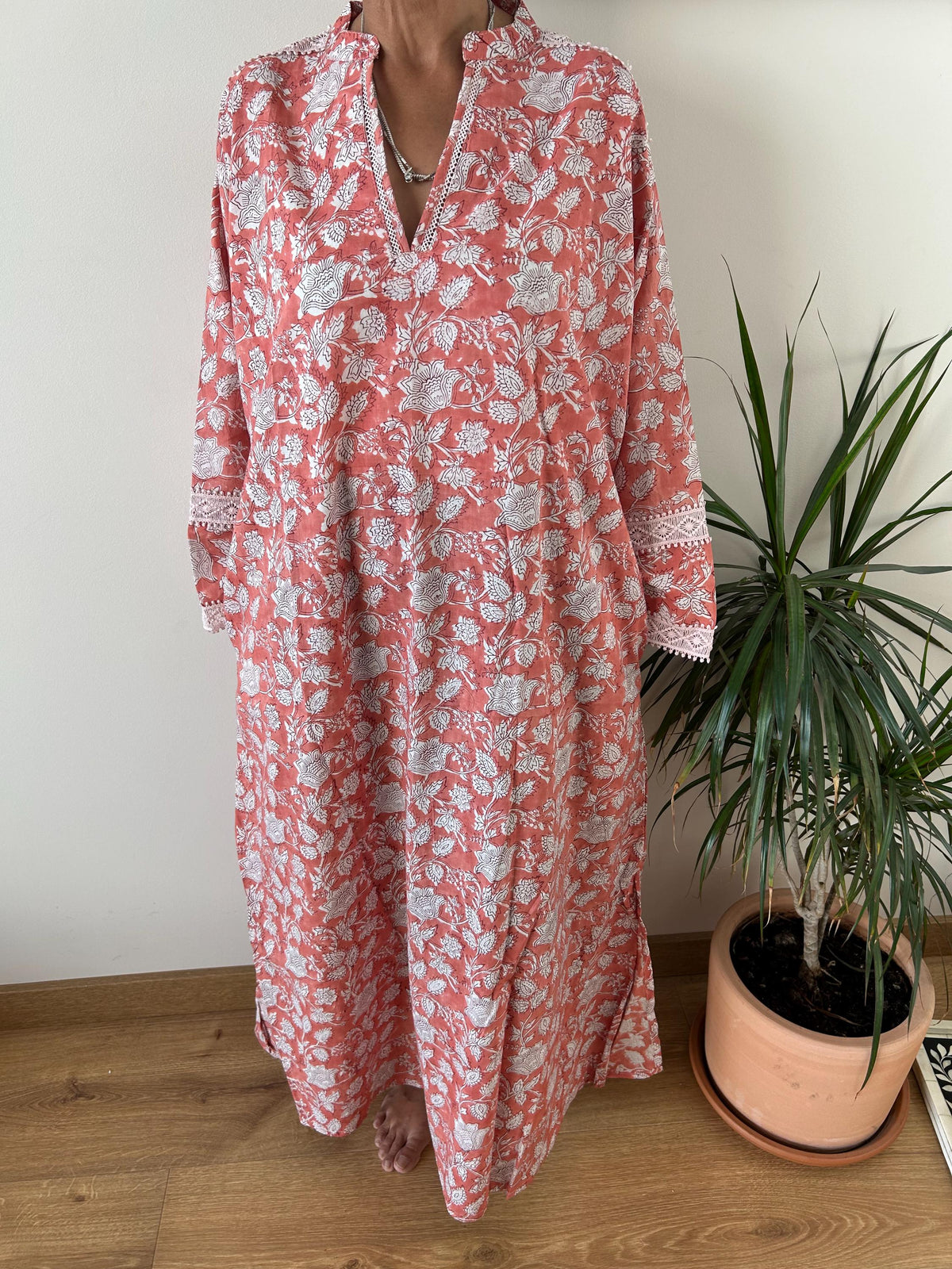 Pink floral Chinese collar cotton kaftan,caftan, resort wear,loungewear,gifts for her,boho dress,a line dress,block print dress