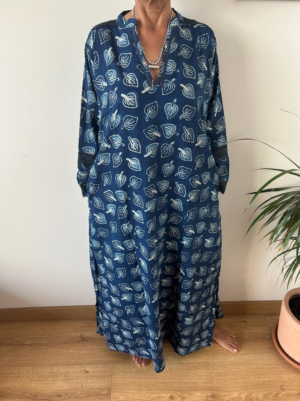 Indigo organic Chinese collar cotton kaftan,caftan, resort wear,loungewear,gifts for her,boho dress,a line dress,block print dress