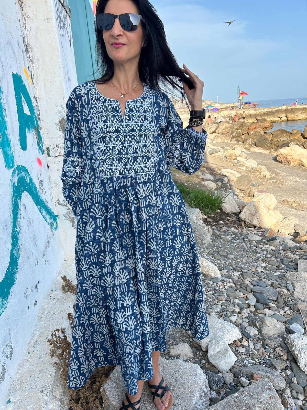 Indigo Embroidered cotton kaftan,caftan, resort wear,loungewear,gifts for her,boho dress,a line dress,block print dress,Resort wear,organic
