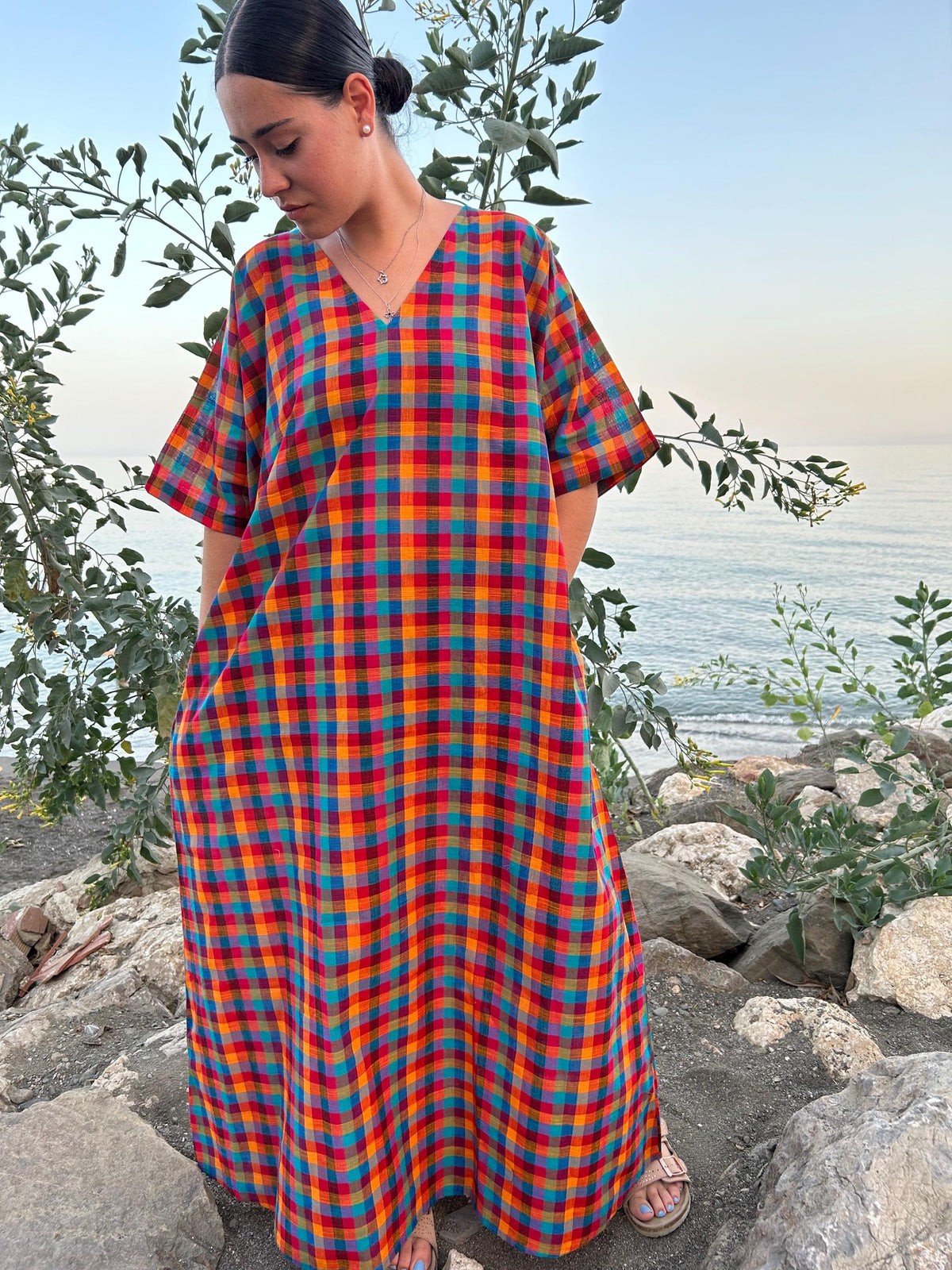 Handmade Organic Cotton  Checks Kaftan Maxi Dress, Resort Loungewear Swim Cover Up