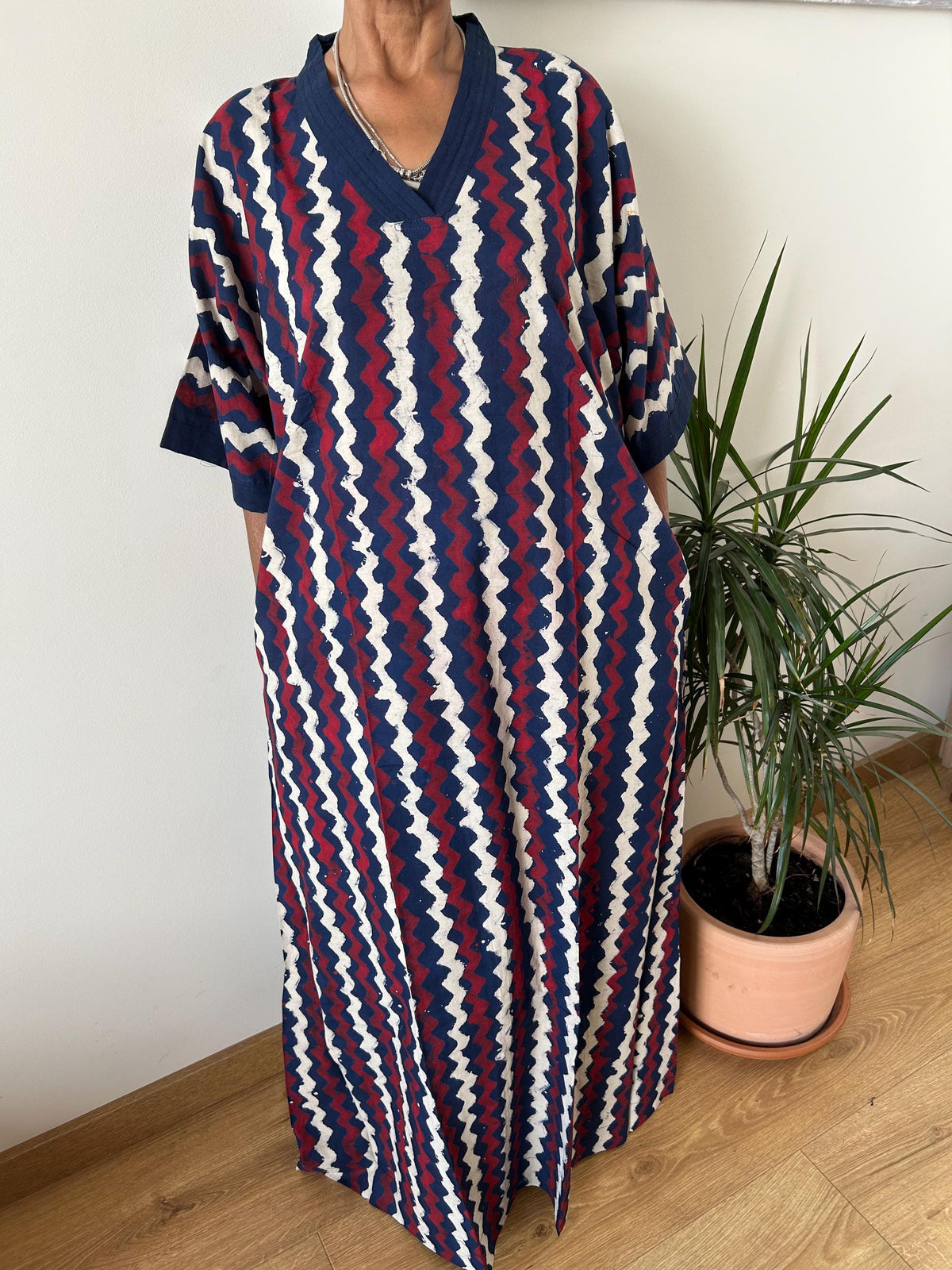 Indigo geometric cotton kaftan,caftan, resort wear,loungewear,gifts for her,boho dress,a line dress,block print dress