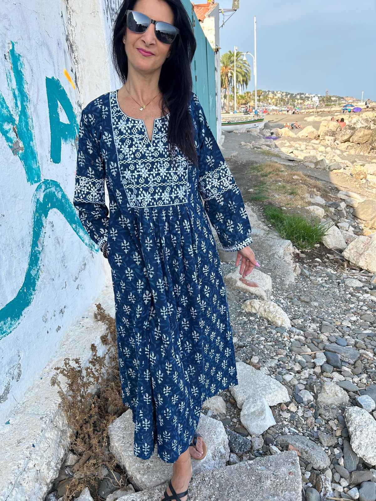 Indigo organic Embroidered cotton kaftan,caftan, resort wear,loungewear,gifts for her,boho dress,a line dress,block print dress,Resort wear