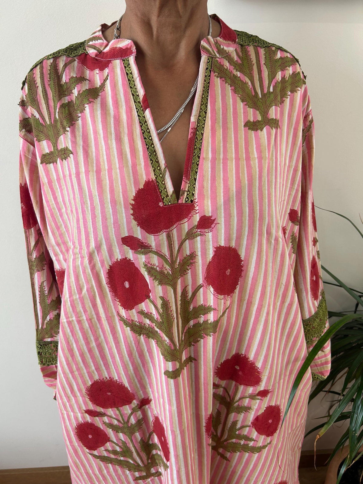 Pink floral striped Chinese collar cotton kaftan,caftan, resort wear,loungewear,gifts for her,boho dress,a line dress,block print dress