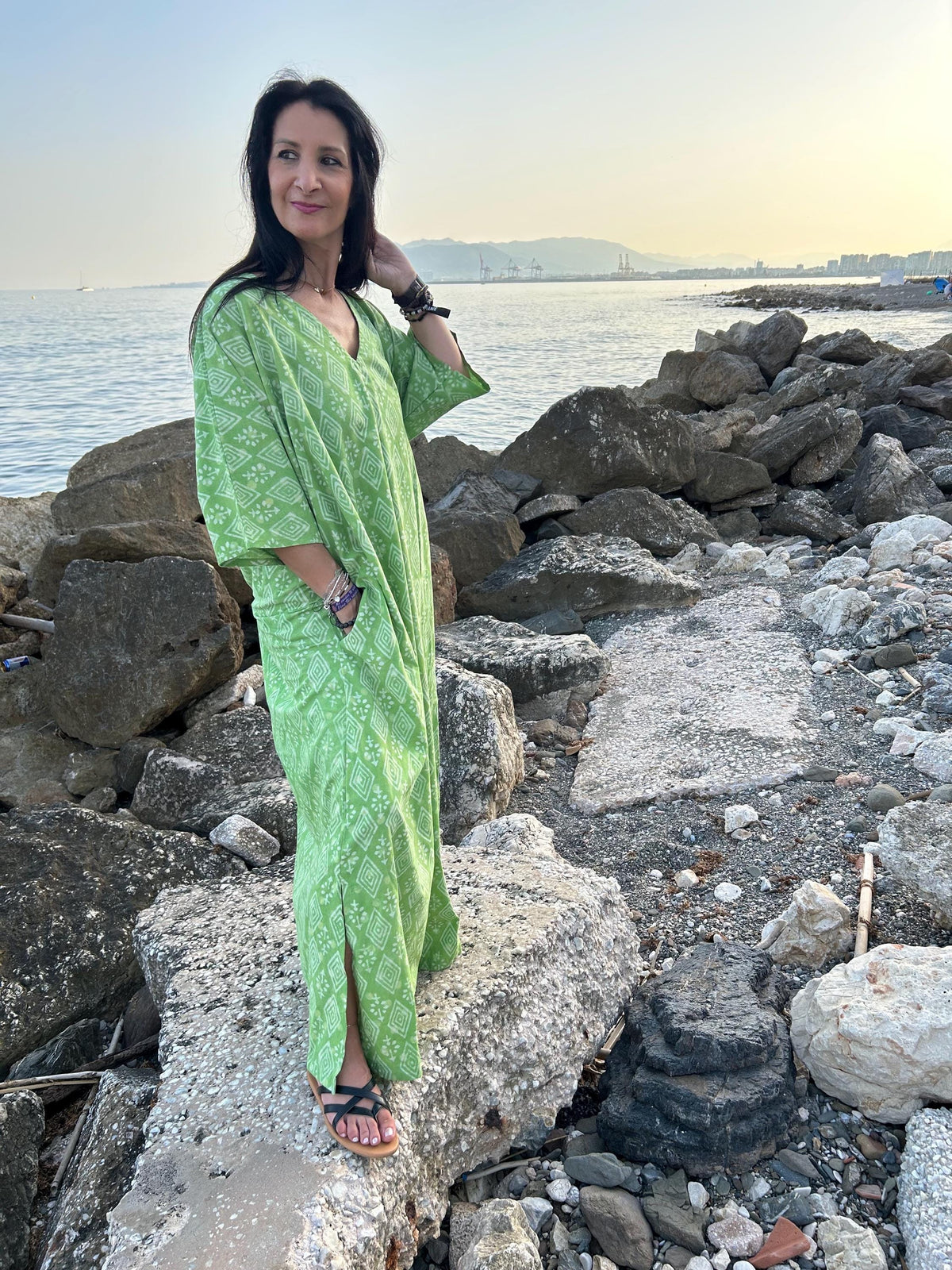 Green cotton kaftan,caftan, resort wear,loungewear,gifts for her,boho dress,a line dress,block print dress