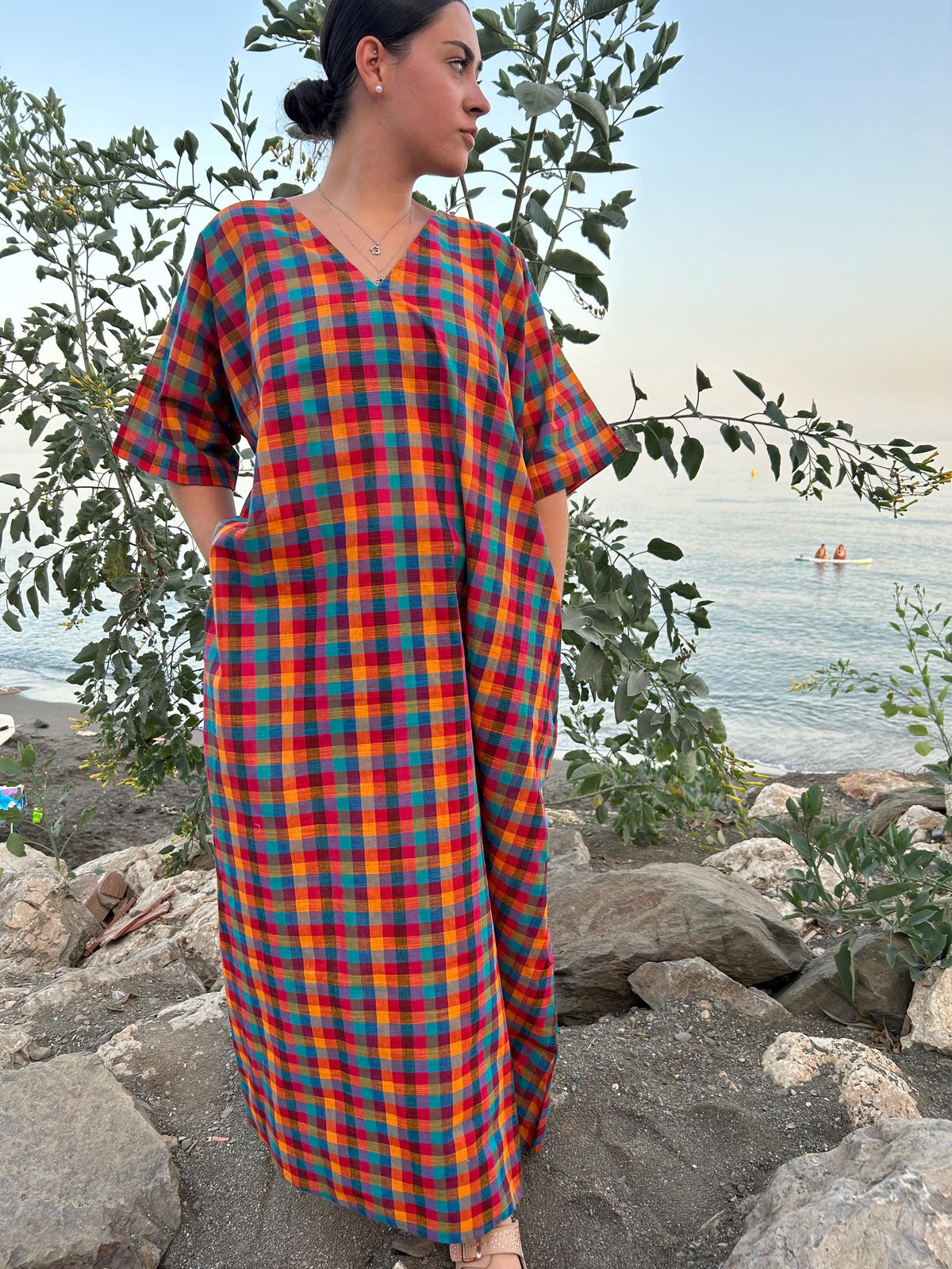 Multi checks woven kaftan,A line kaftan,Gifts for her,Resort wear,Loungewear,Cotton sleepwear,swim cover up,Maxi dress,