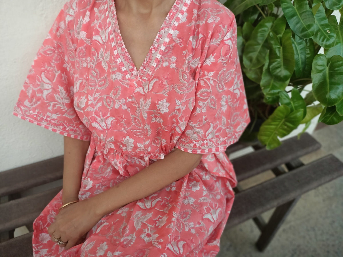Handmade Block Print Cotton Kaftan: Floral Loungewear Dress