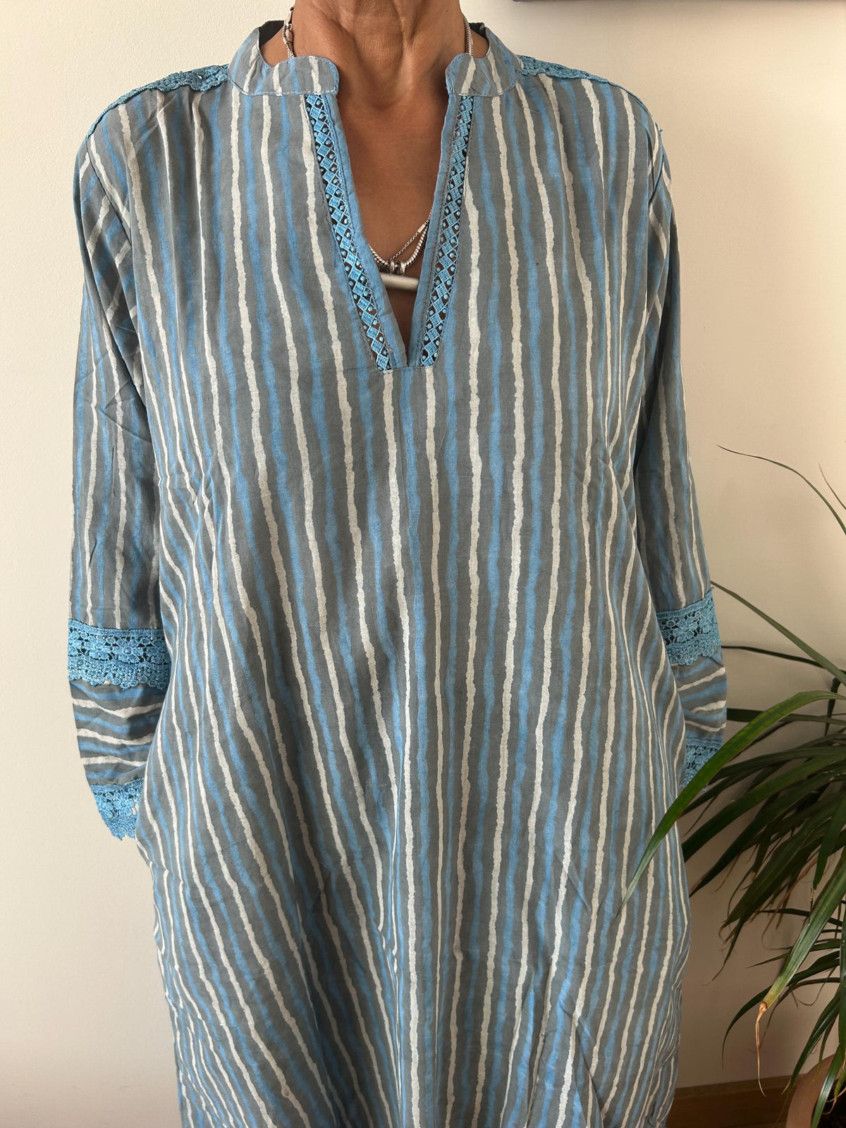 Striped Chinese collar cotton kaftan,caftan, resort wear,loungewear,gifts for her,boho dress,a line dress,block print dress