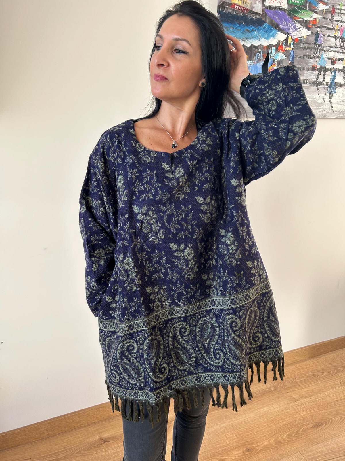 Floral Yak Wool Tunic: Boho Winter Loungewear (Fits XL)