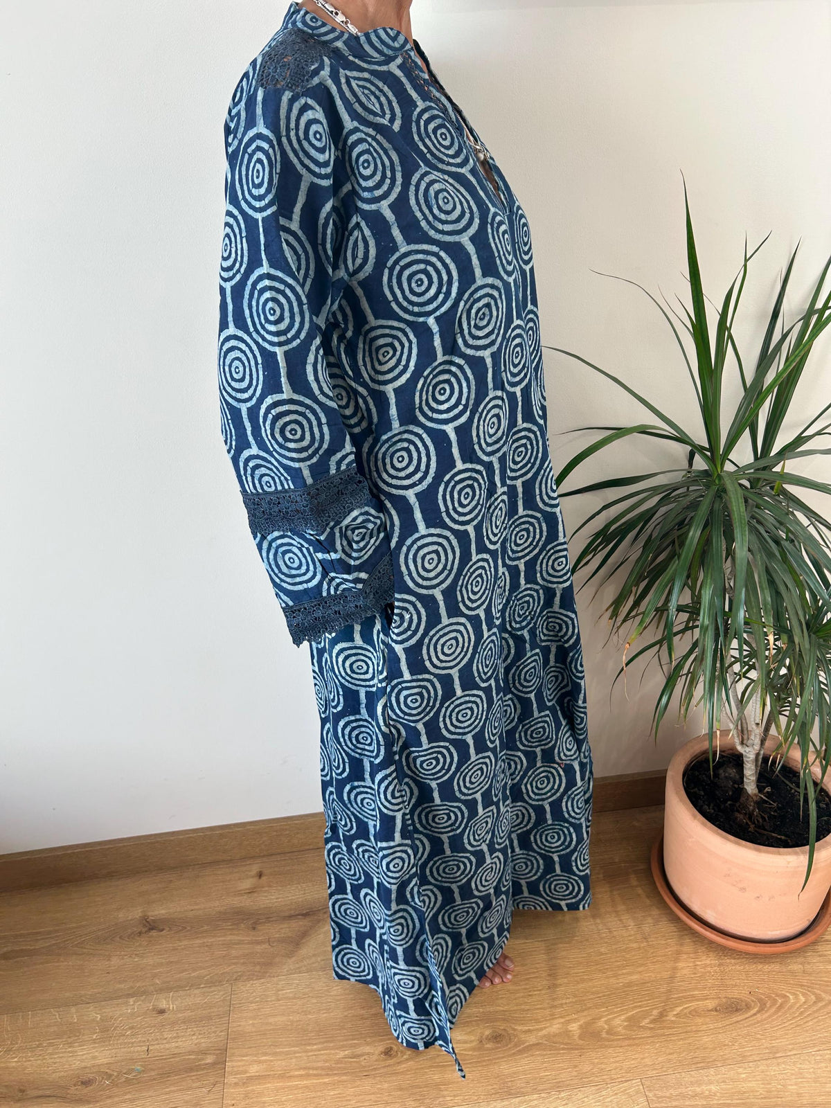 Indigo organic Chinese collar cotton kaftan,caftan, resort wear,loungewear,gifts for her,boho dress,a line dress,block print dress