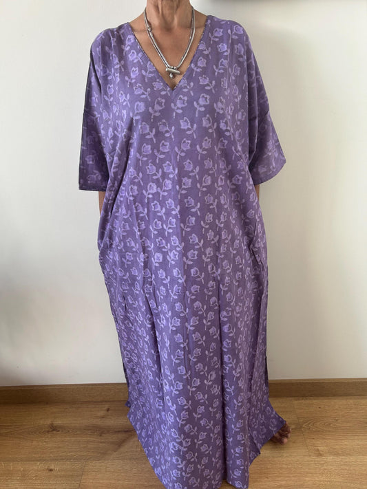 Purple rose cotton kaftan,caftan, resort wear,loungewear,gifts for her,boho dress,a line dress,block print dress