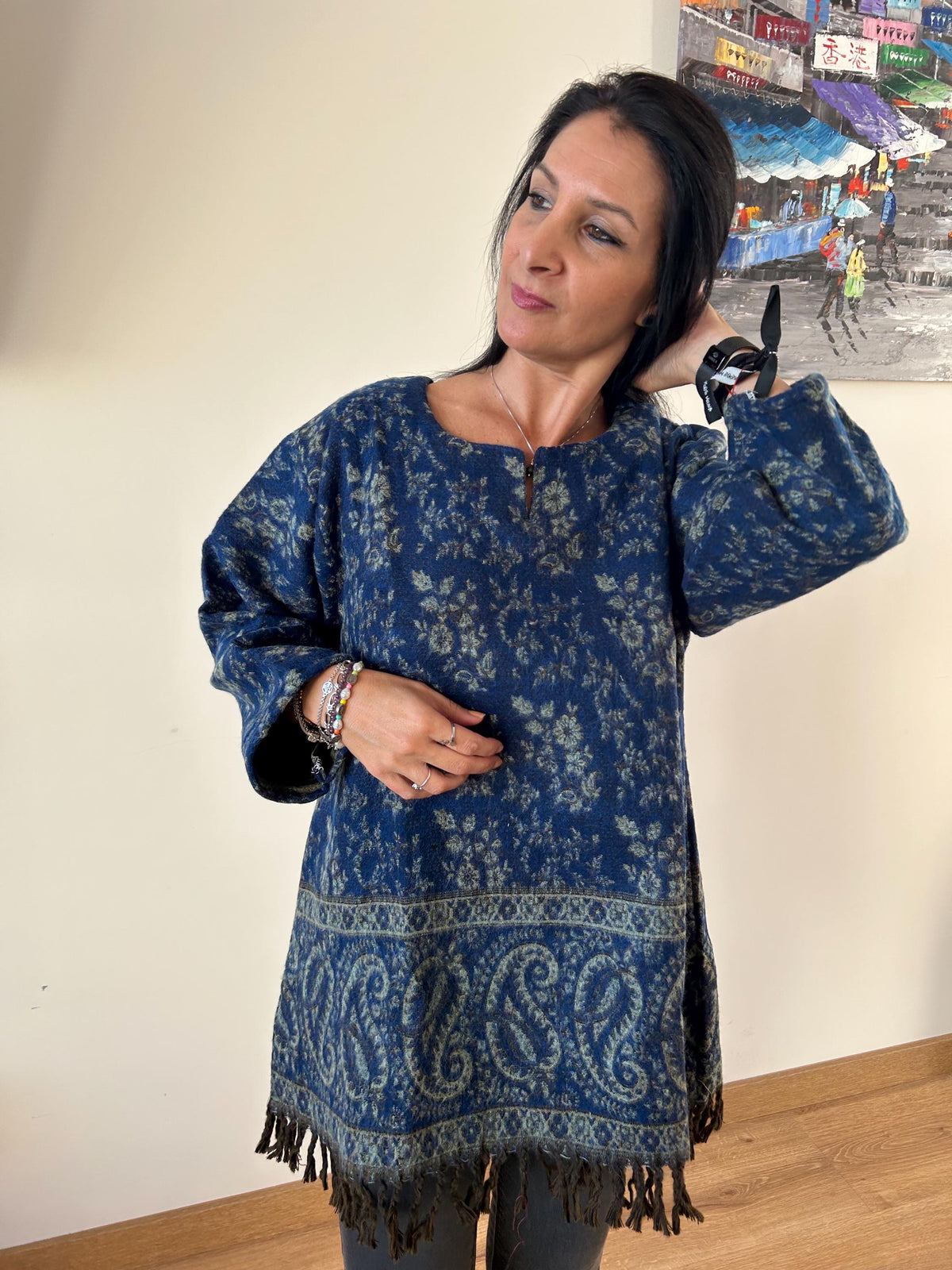 Floral Yak Wool Tunic: Boho Winter Loungewear (Fits XL)