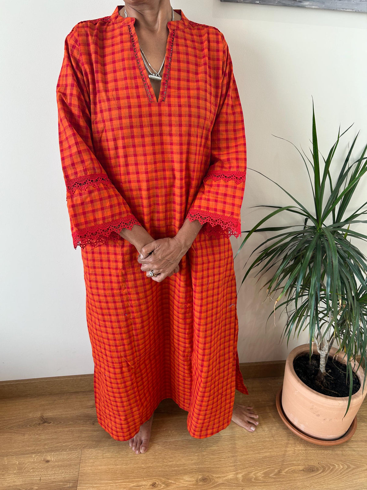 Handwoven checks  Chinese collar cotton kaftan,caftan, resort wear,loungewear,gifts for her,boho dress,a line dress,block print dress