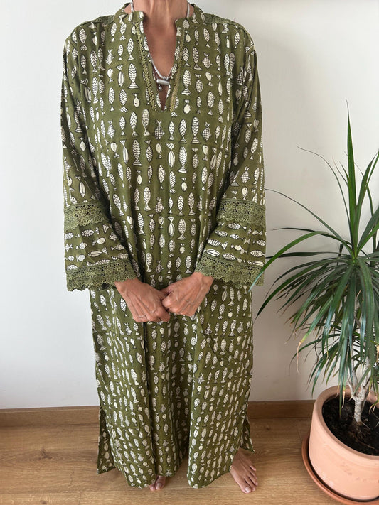Green fish Chinese collar cotton kaftan,caftan, resort wear,loungewear,gifts for her,boho dress,a line dress,block print dress
