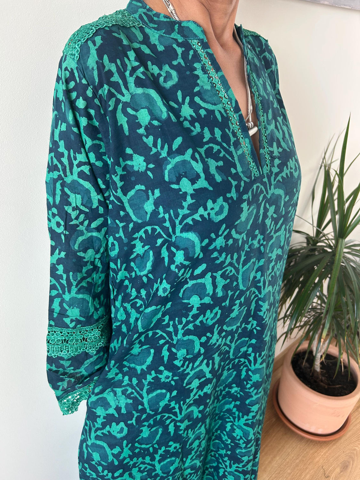 Green floral Chinese collar cotton kaftan,caftan, resort wear,loungewear,gifts for her,boho dress,a line dress,block print dress