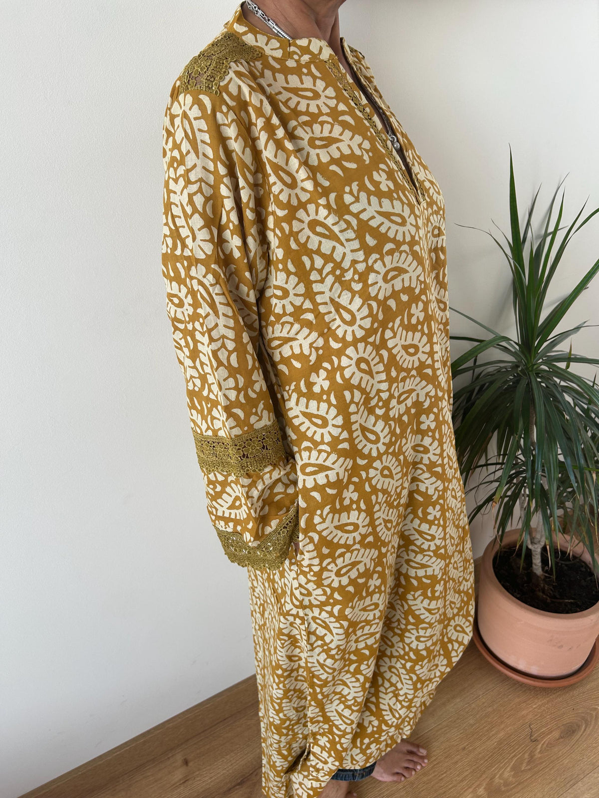 Mustard beige Chinese collar cotton kaftan,caftan, resort wear,loungewear,gifts for her,boho dress,a line dress,block print dress