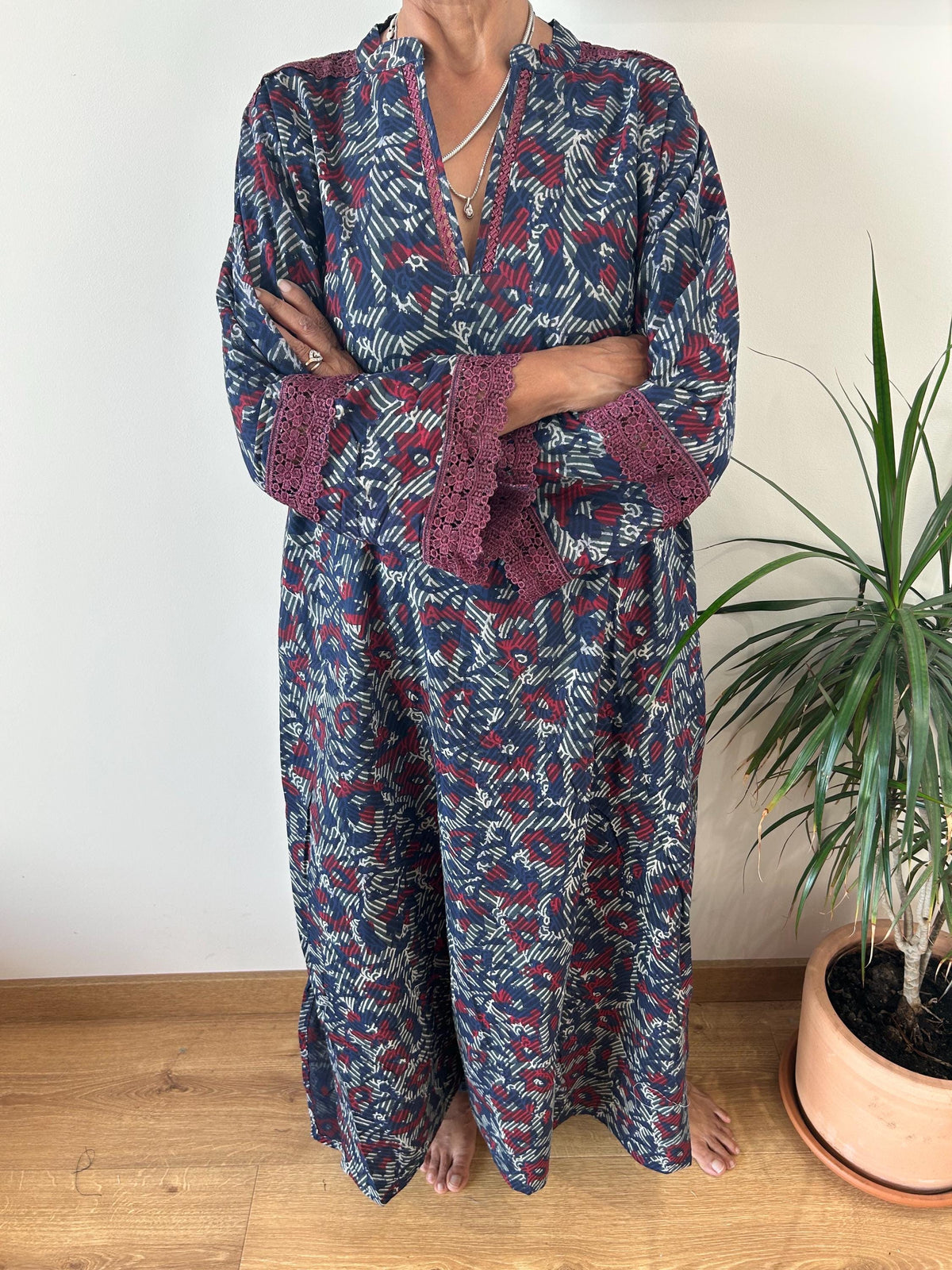 Indigo organic Chinese collar cotton kaftan,caftan, resort wear,loungewear,gifts for her,boho dress,a line dress,block print dress
