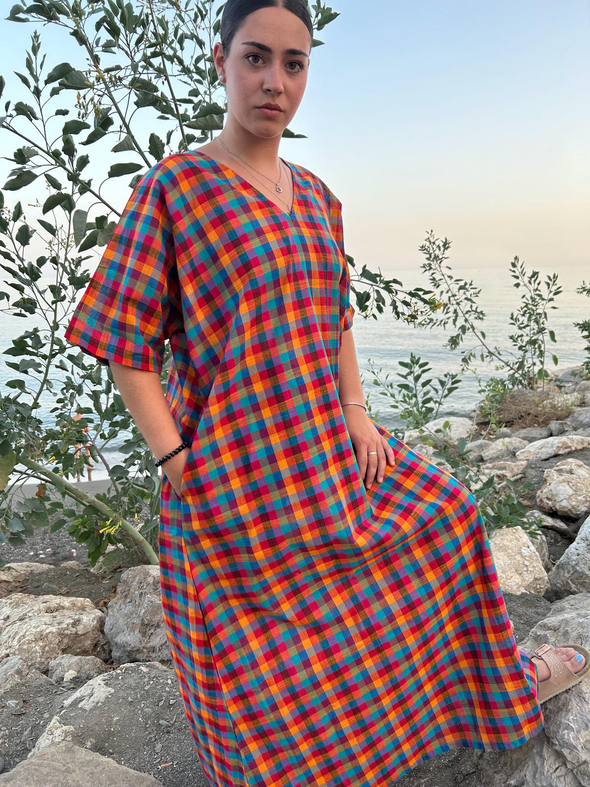 Multi checks woven kaftan,A line kaftan,Gifts for her,Resort wear,Loungewear,Cotton sleepwear,swim cover up,Maxi dress,