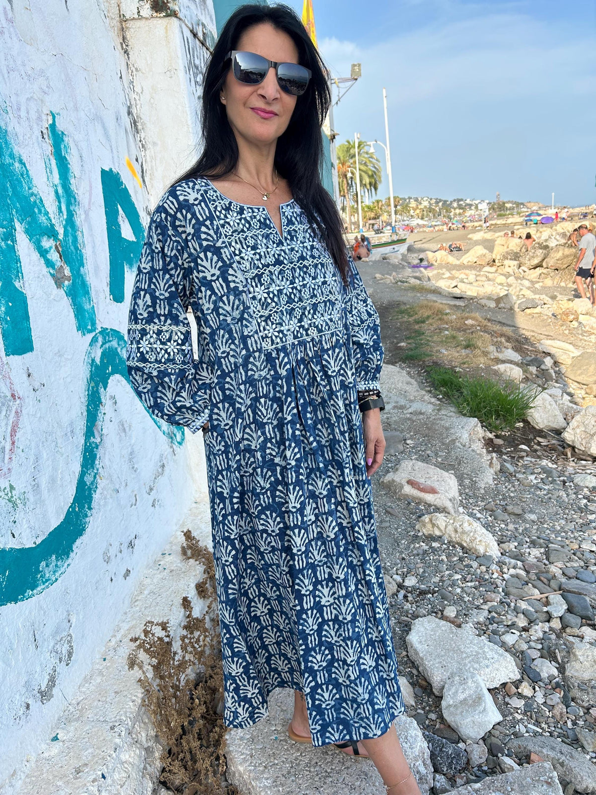 Indigo Embroidered cotton kaftan,caftan, resort wear,loungewear,gifts for her,boho dress,a line dress,block print dress,Resort wear,organic