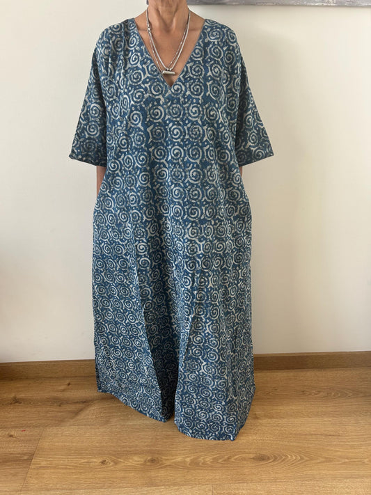 Indigo  cotton kaftan,caftan, resort wear,loungewear,gifts for her,boho dress,a line dress,block print dress