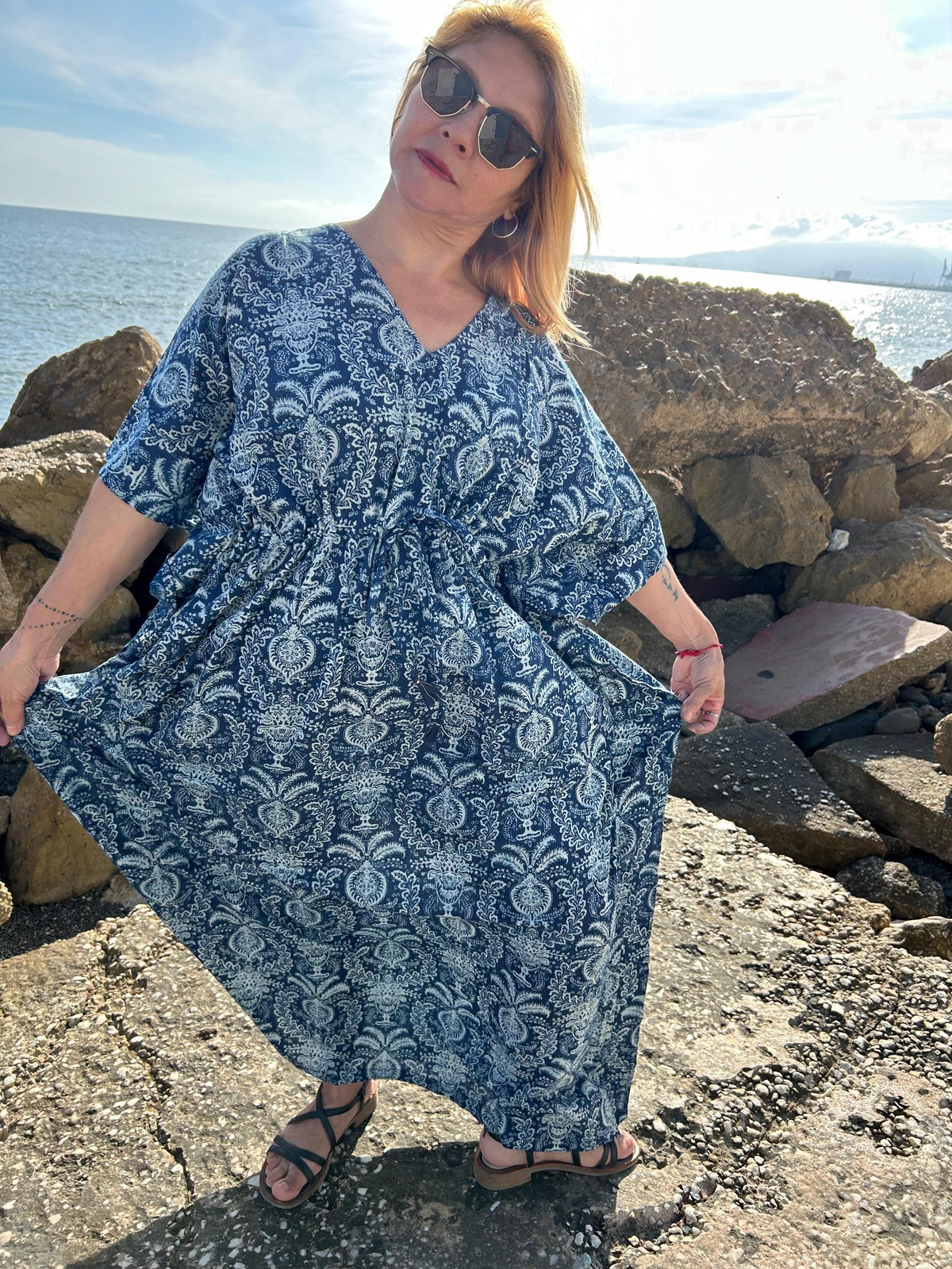 Indigo kaftan with pockets,organic kaftan,gifts for her,resort wear,loungewear,boho dress,plus size dress,gifts for her,Christmas gift