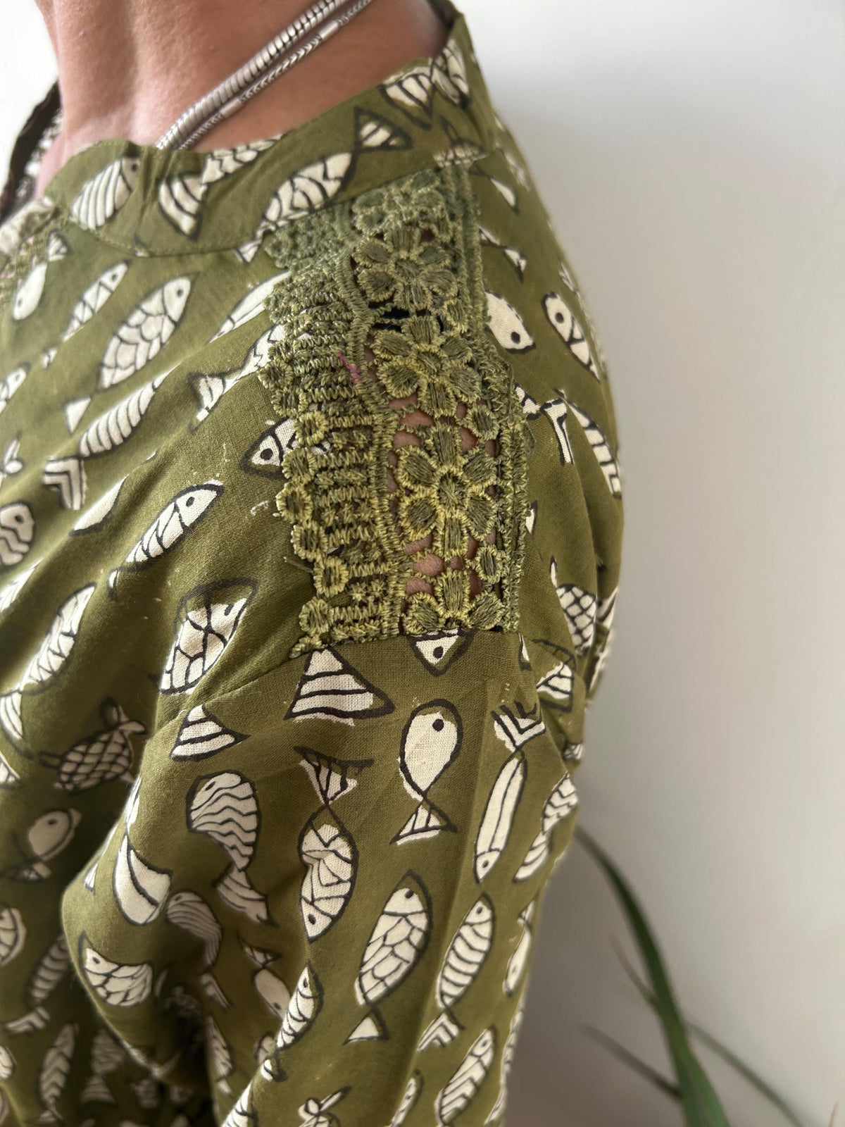Green fish Chinese collar cotton kaftan,caftan, resort wear,loungewear,gifts for her,boho dress,a line dress,block print dress