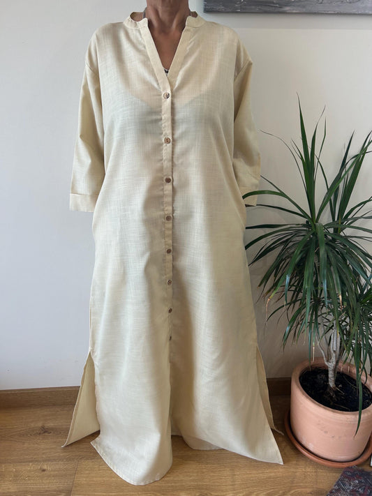 Semi sheer beige collar  kaftan,caftan, resort wear,loungewear,gifts for her,boho dress,a line dress,block print dress