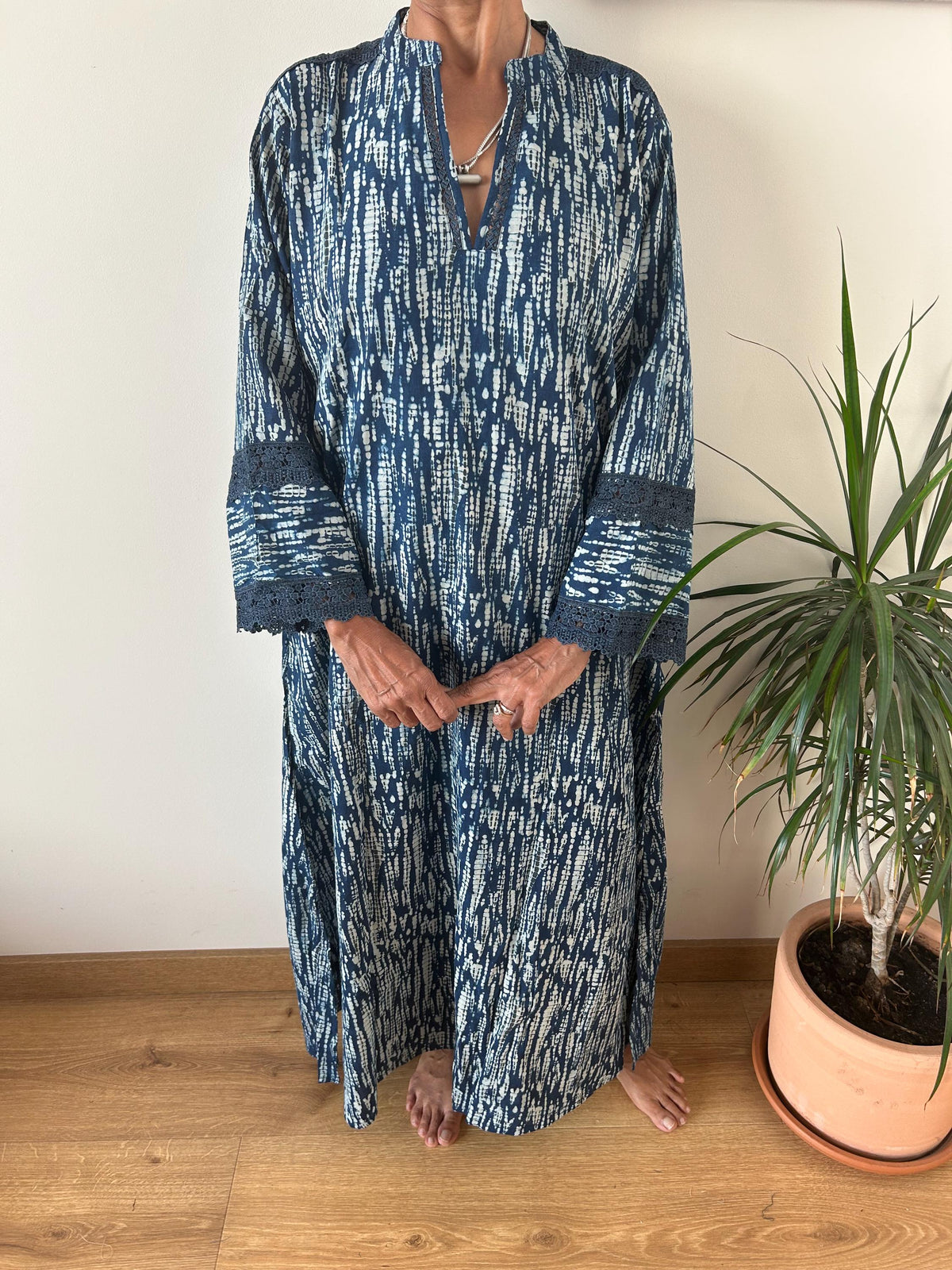 Indigo organic Chinese collar cotton kaftan,caftan, resort wear,loungewear,gifts for her,boho dress,a line dress,block print dress