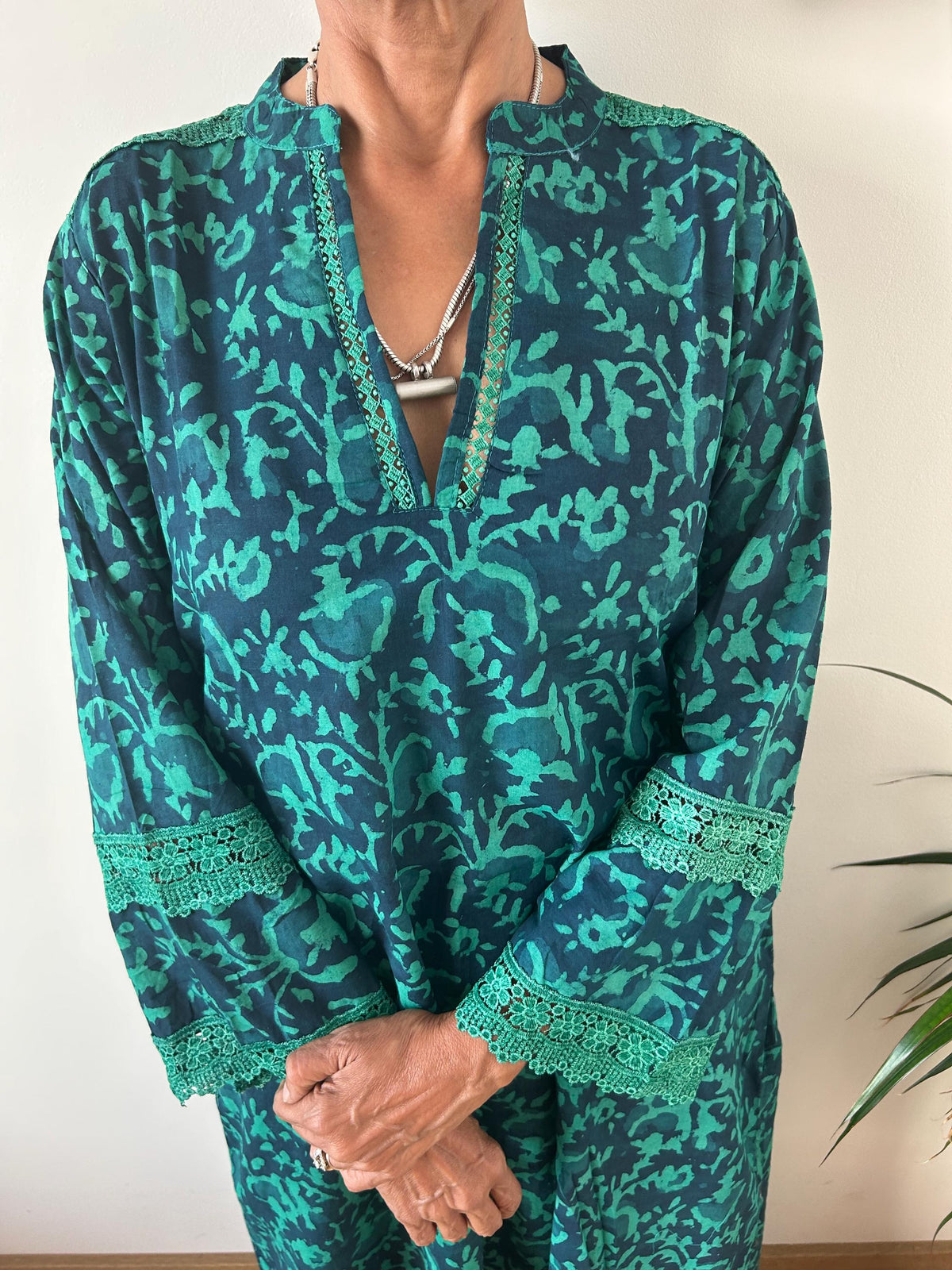 Green floral Chinese collar cotton kaftan,caftan, resort wear,loungewear,gifts for her,boho dress,a line dress,block print dress