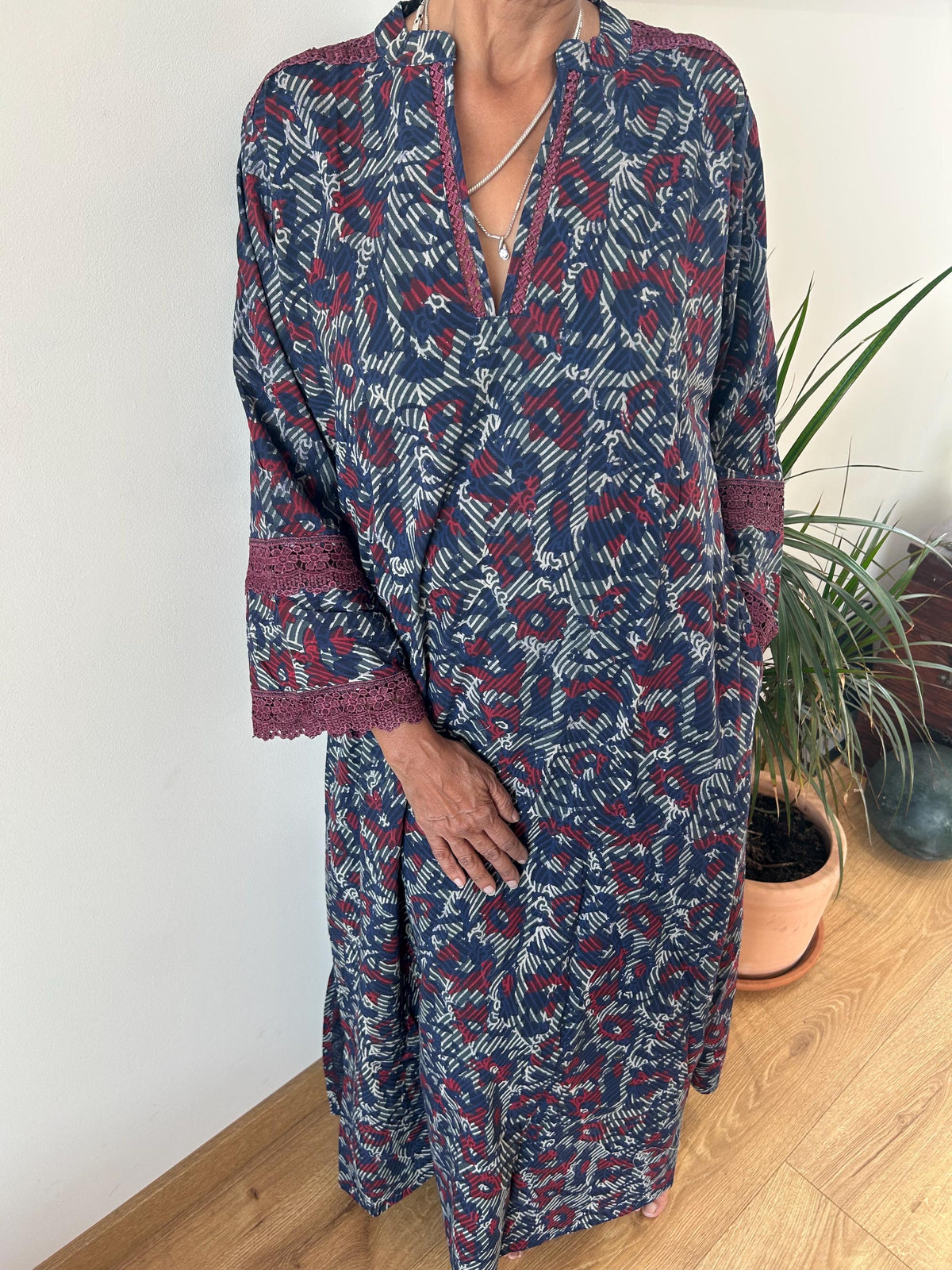 Indigo organic Chinese collar cotton kaftan,caftan, resort wear,loungewear,gifts for her,boho dress,a line dress,block print dress