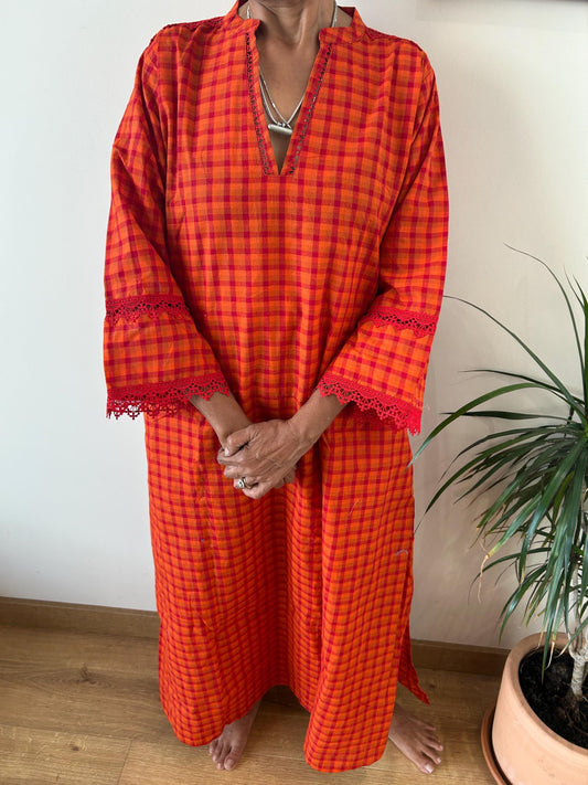 Handwoven checks  Chinese collar cotton kaftan,caftan, resort wear,loungewear,gifts for her,boho dress,a line dress,block print dress